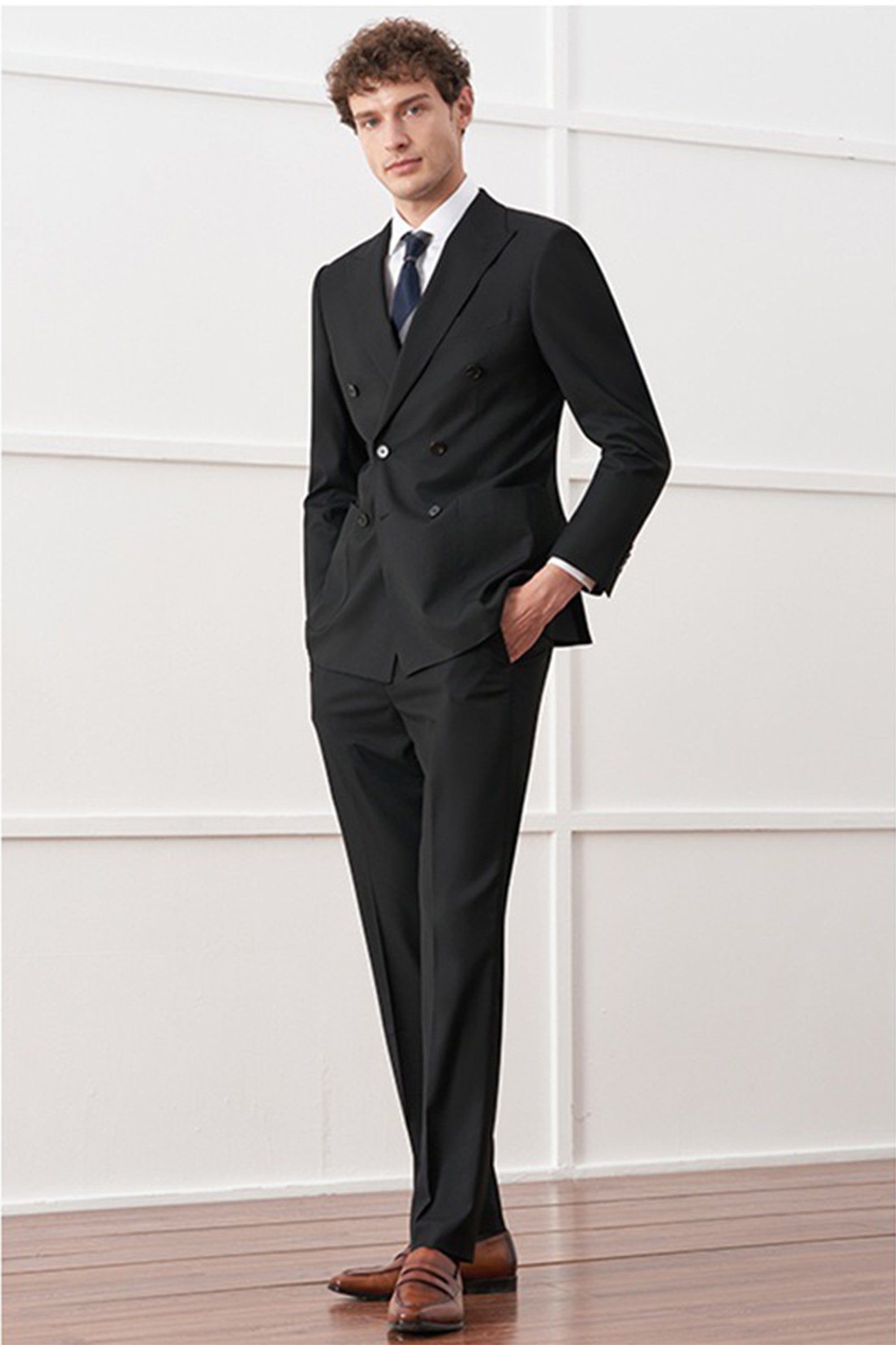 aesido Black 2 Piece Double Breasted Business Casual Men's Suit Groom Wedding Banquet Dress