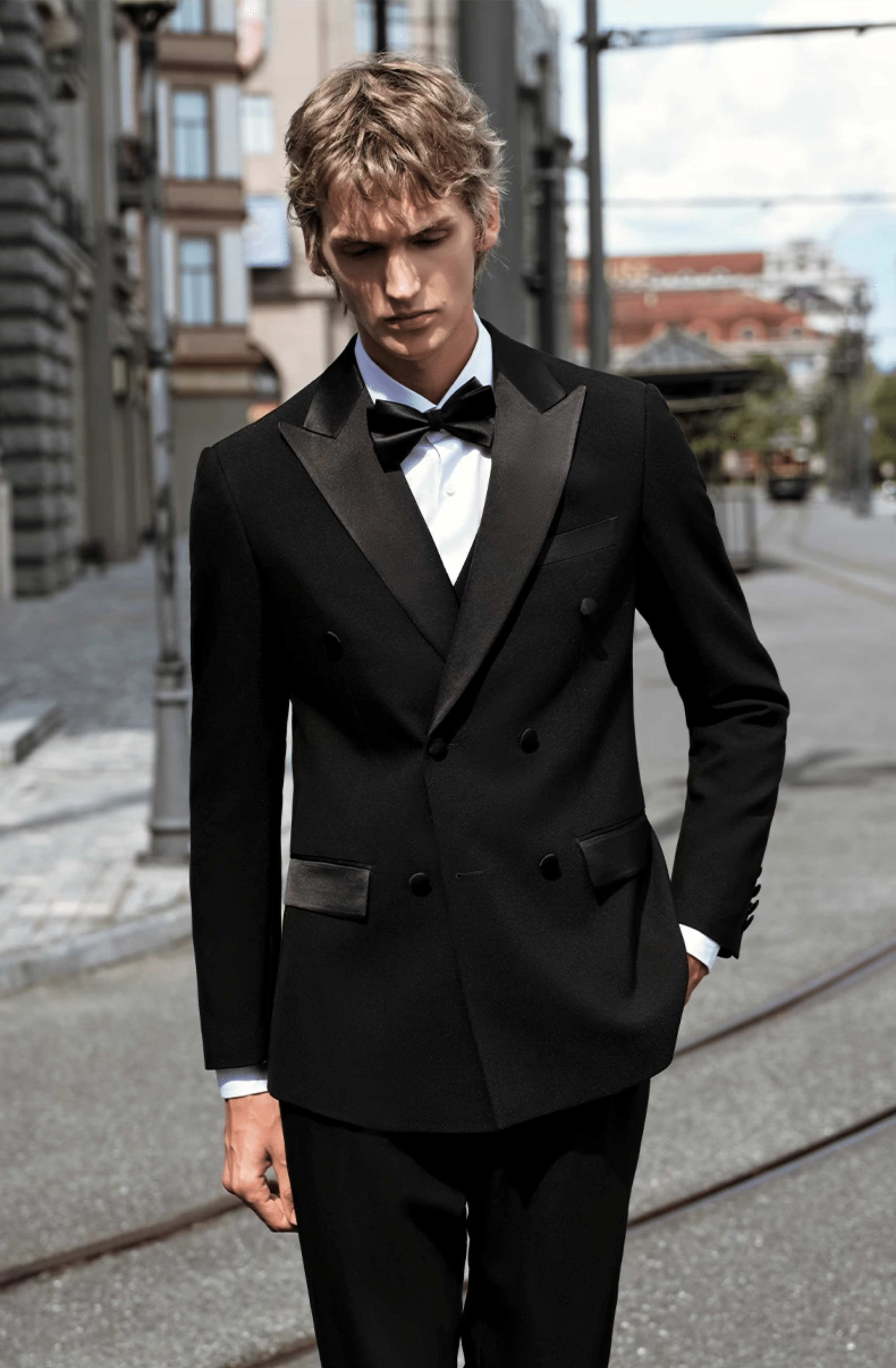 aesido Black 2 Piece Double Breasted Satin Collar Men's Suit Groom Wedding Dress