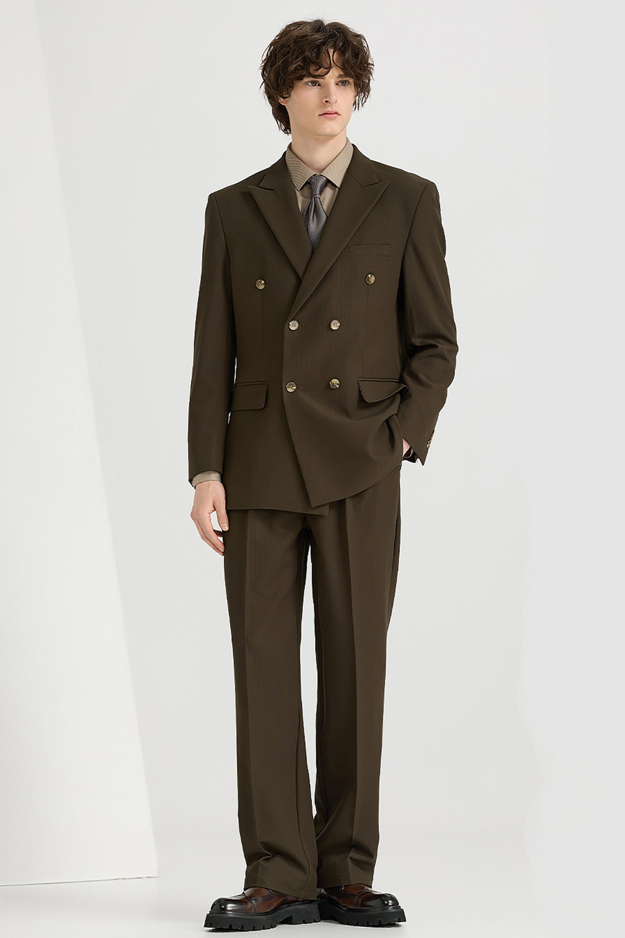 aesido Black 2 Piece High Quality Double Breasted Peaked Lapel Loose Casual Men's Suit