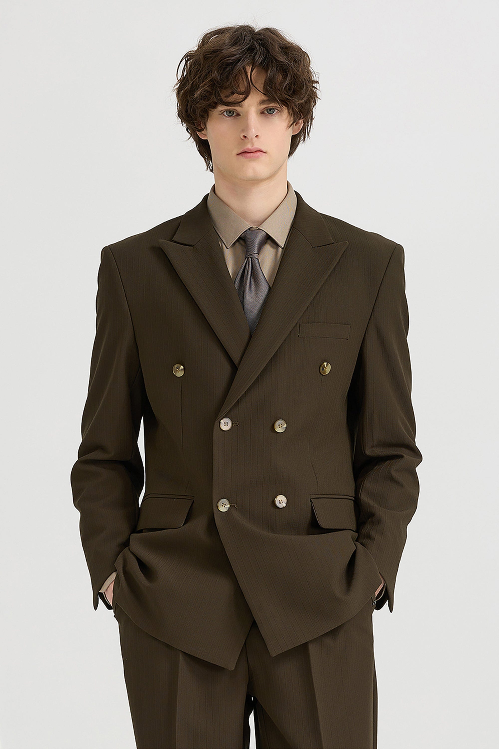 aesido Black 2 Piece High Quality Double Breasted Peaked Lapel Loose Casual Men's Suit