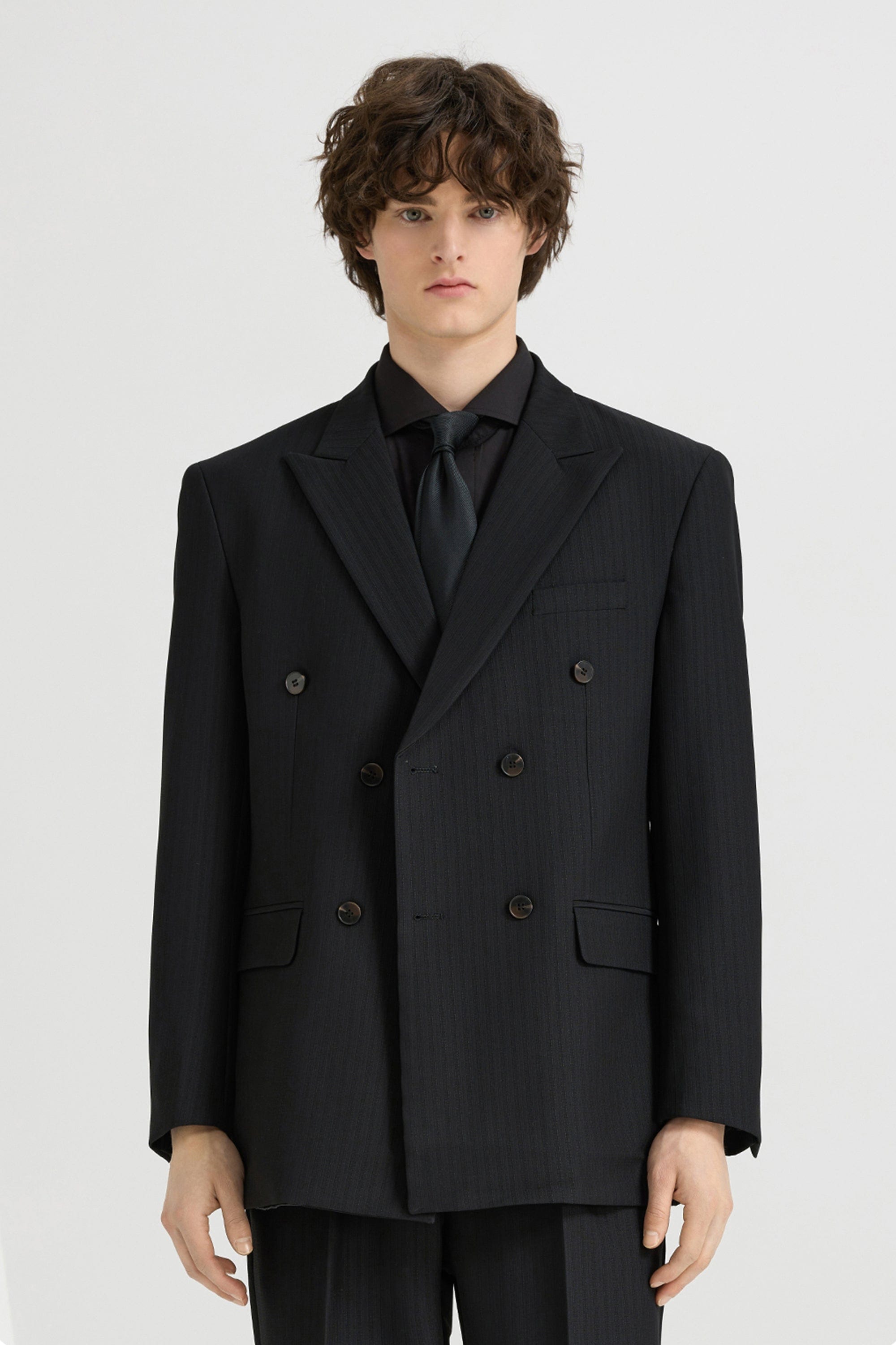 aesido Black 2 Piece High Quality Double Breasted Peaked Lapel Loose Casual Men's Suit