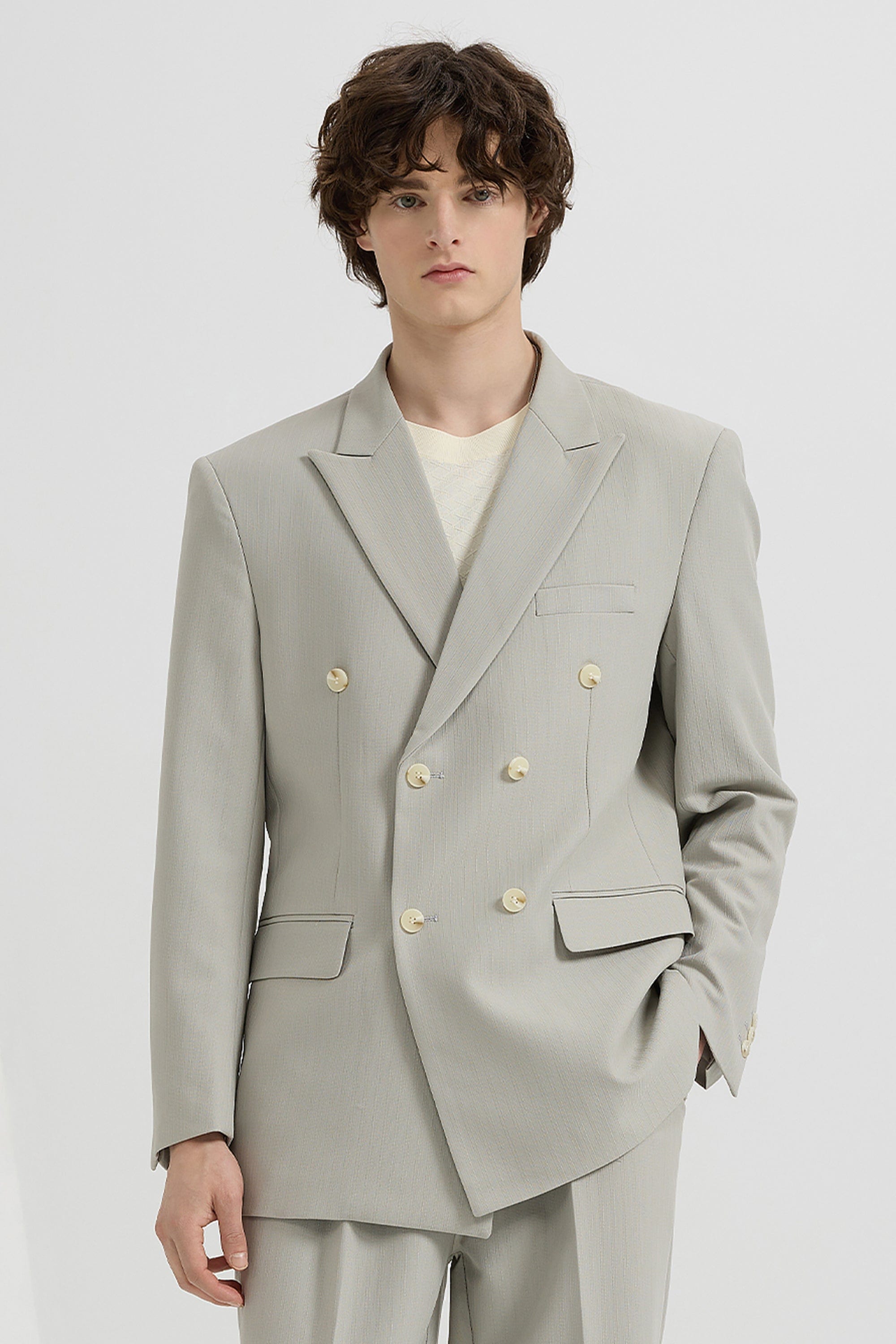 aesido Black 2 Piece High Quality Double Breasted Peaked Lapel Loose Casual Men's Suit