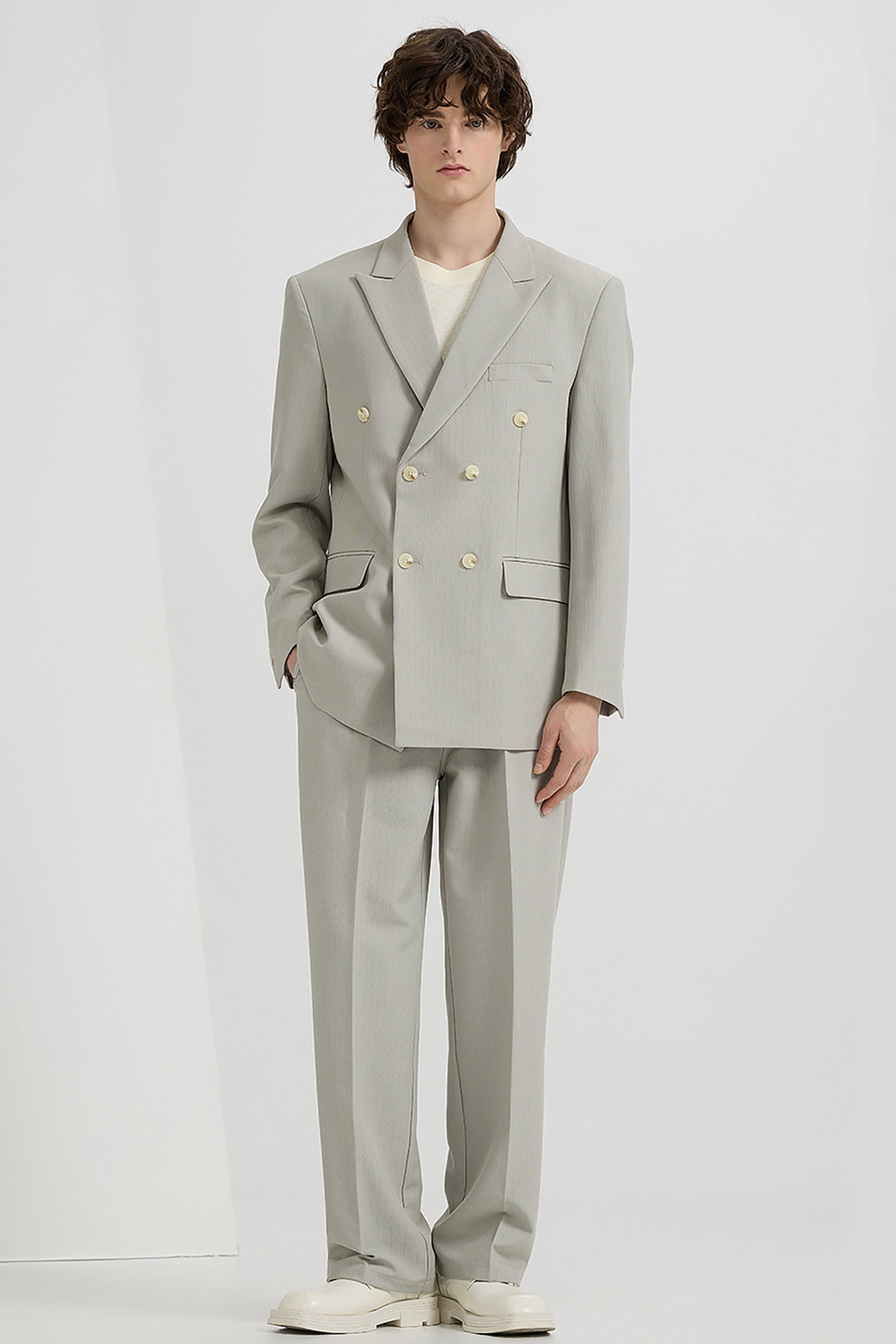 aesido Black 2 Piece High Quality Double Breasted Peaked Lapel Loose Casual Men's Suit