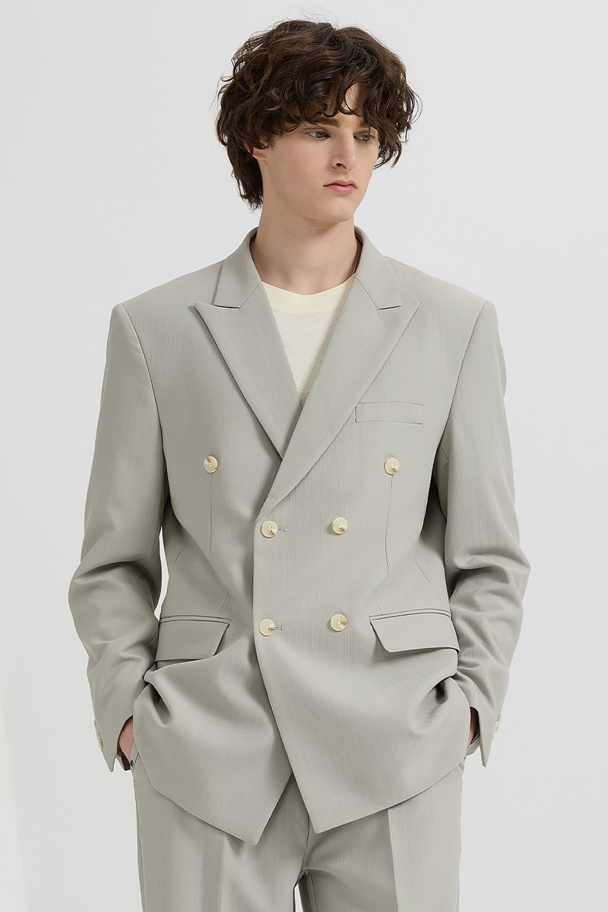 aesido Black 2 Piece High Quality Double Breasted Peaked Lapel Loose Casual Men's Suit