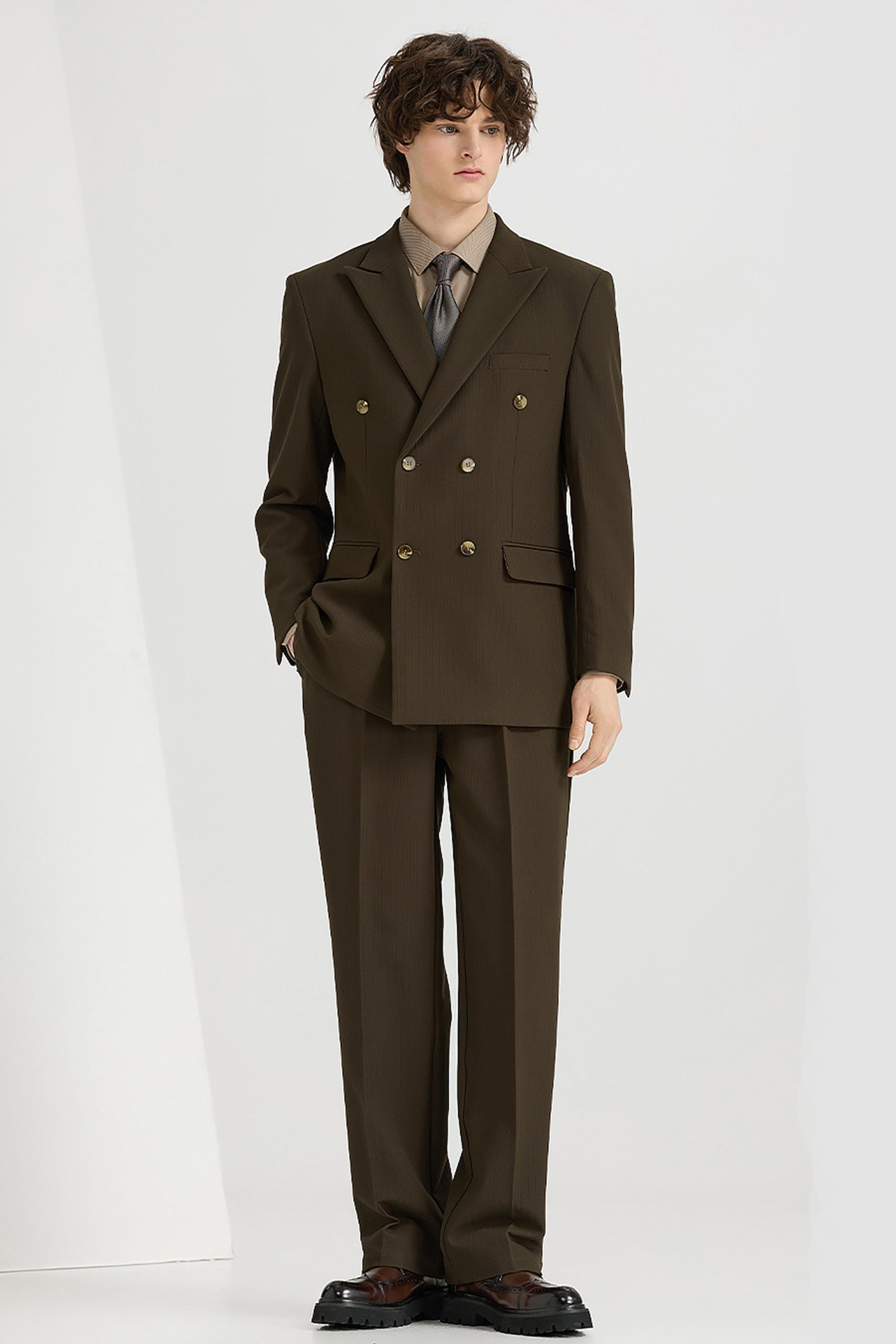 aesido Black 2 Piece High Quality Double Breasted Peaked Lapel Loose Casual Men's Suit