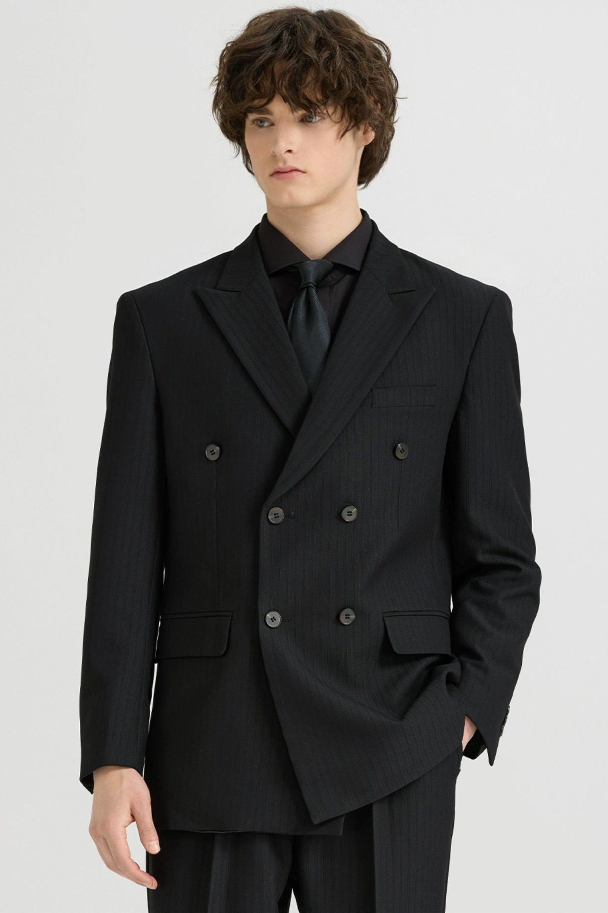 aesido Black 2 Piece High Quality Double Breasted Peaked Lapel Loose Casual Men's Suit