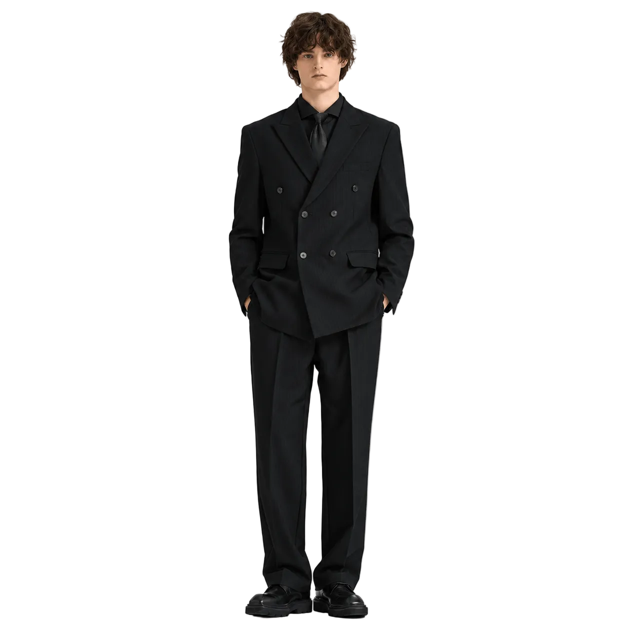 aesido Black 2 Piece High Quality Double Breasted Peaked Lapel Loose Casual Men's Suit