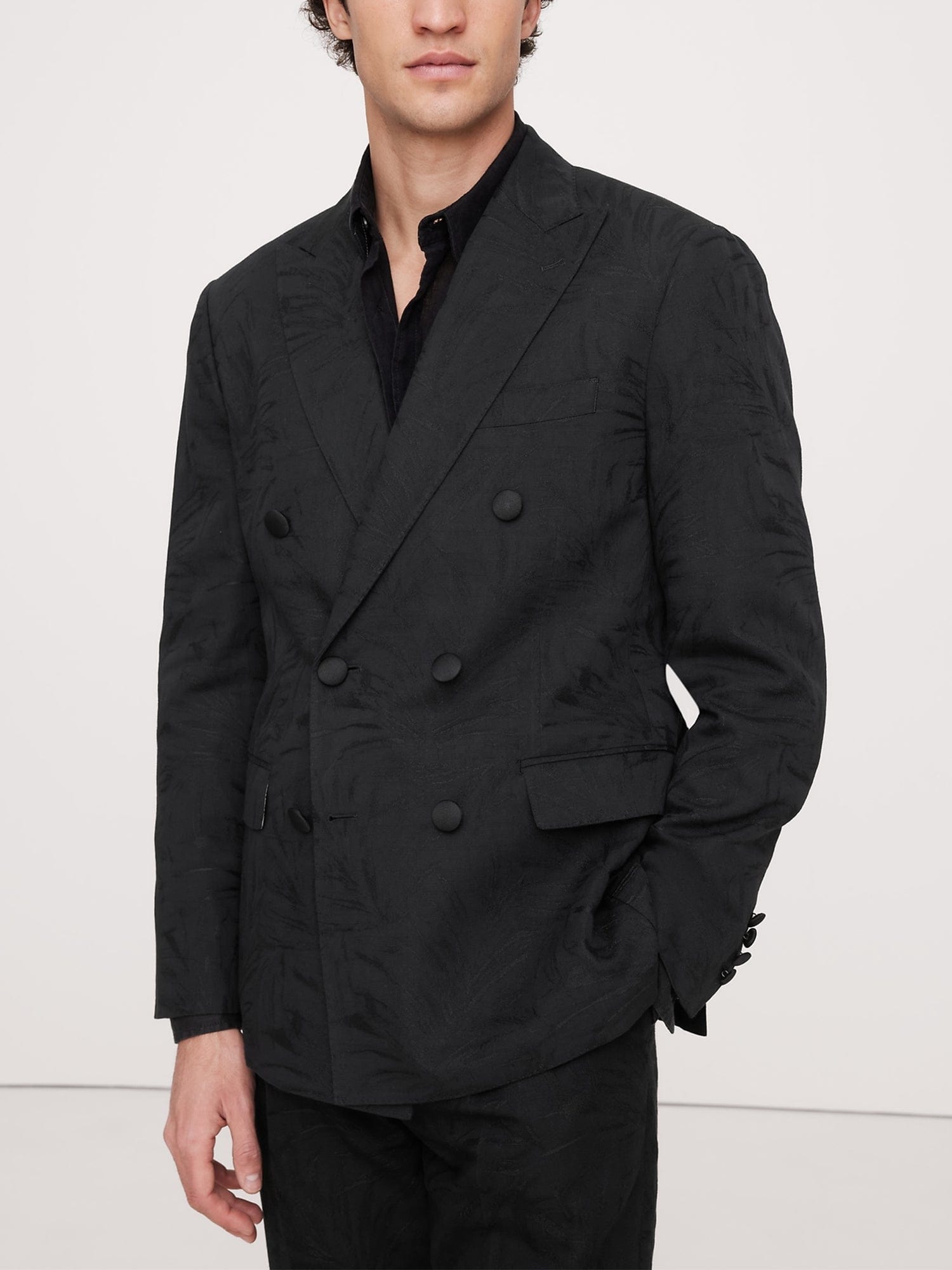 aesido Black 2 Piece Jacquard Double Breasted Business Casual Men's Suit Groom Weeding Drees