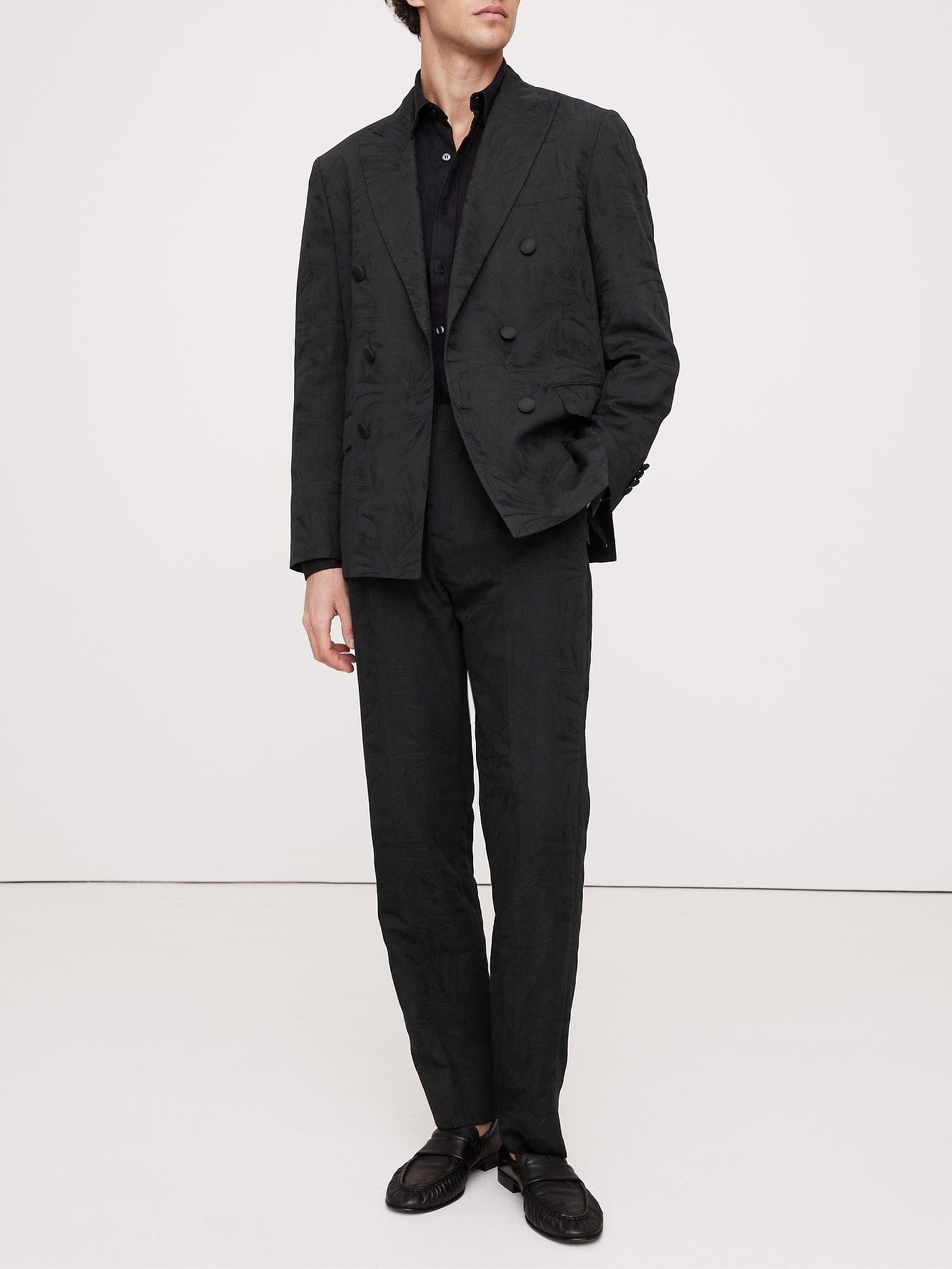 aesido Black 2 Piece Jacquard Double Breasted Business Casual Men's Suit Groom Weeding Drees