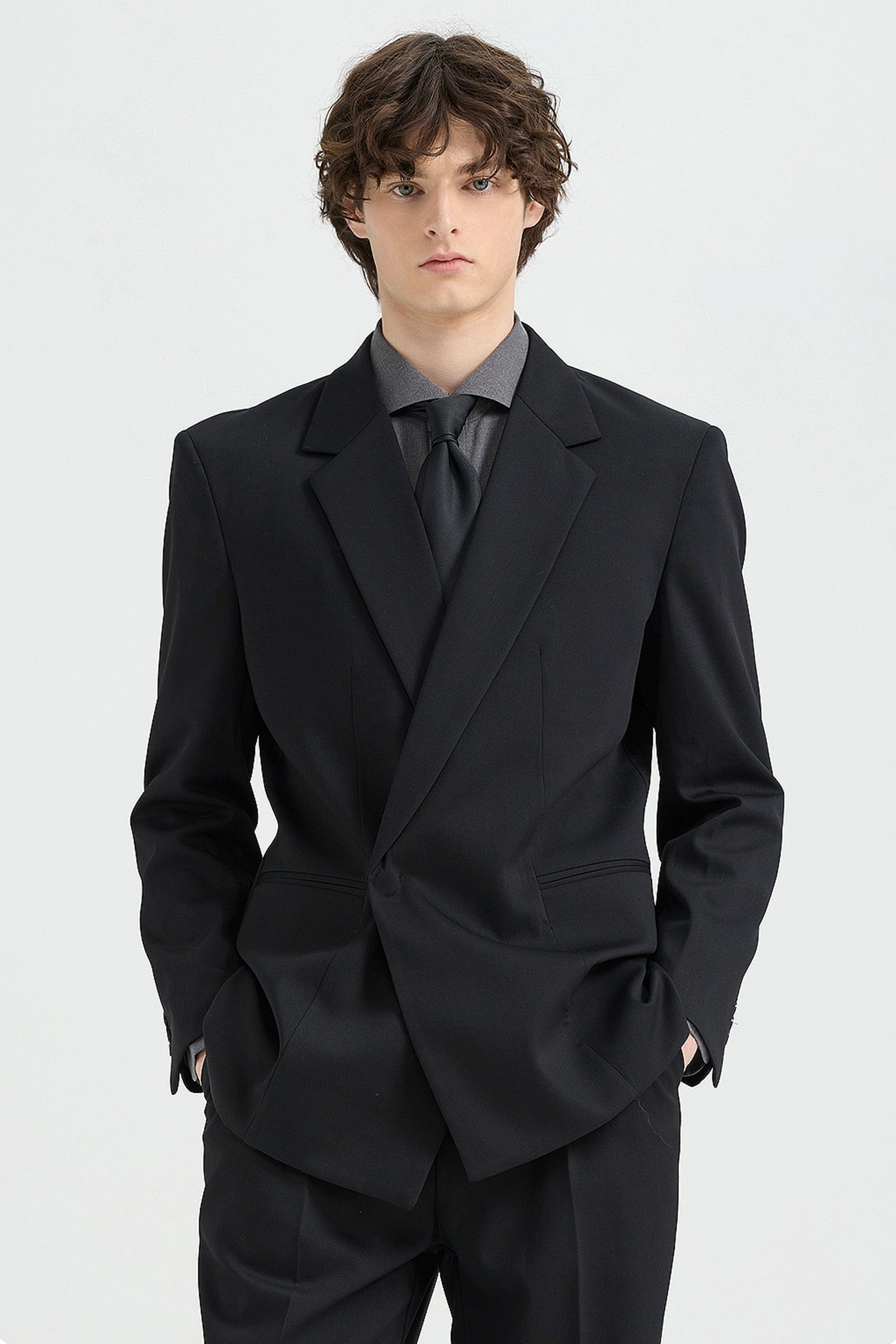 aesido Black 2 Piece Notch Lapel Concealed Button Casual Men's Suit