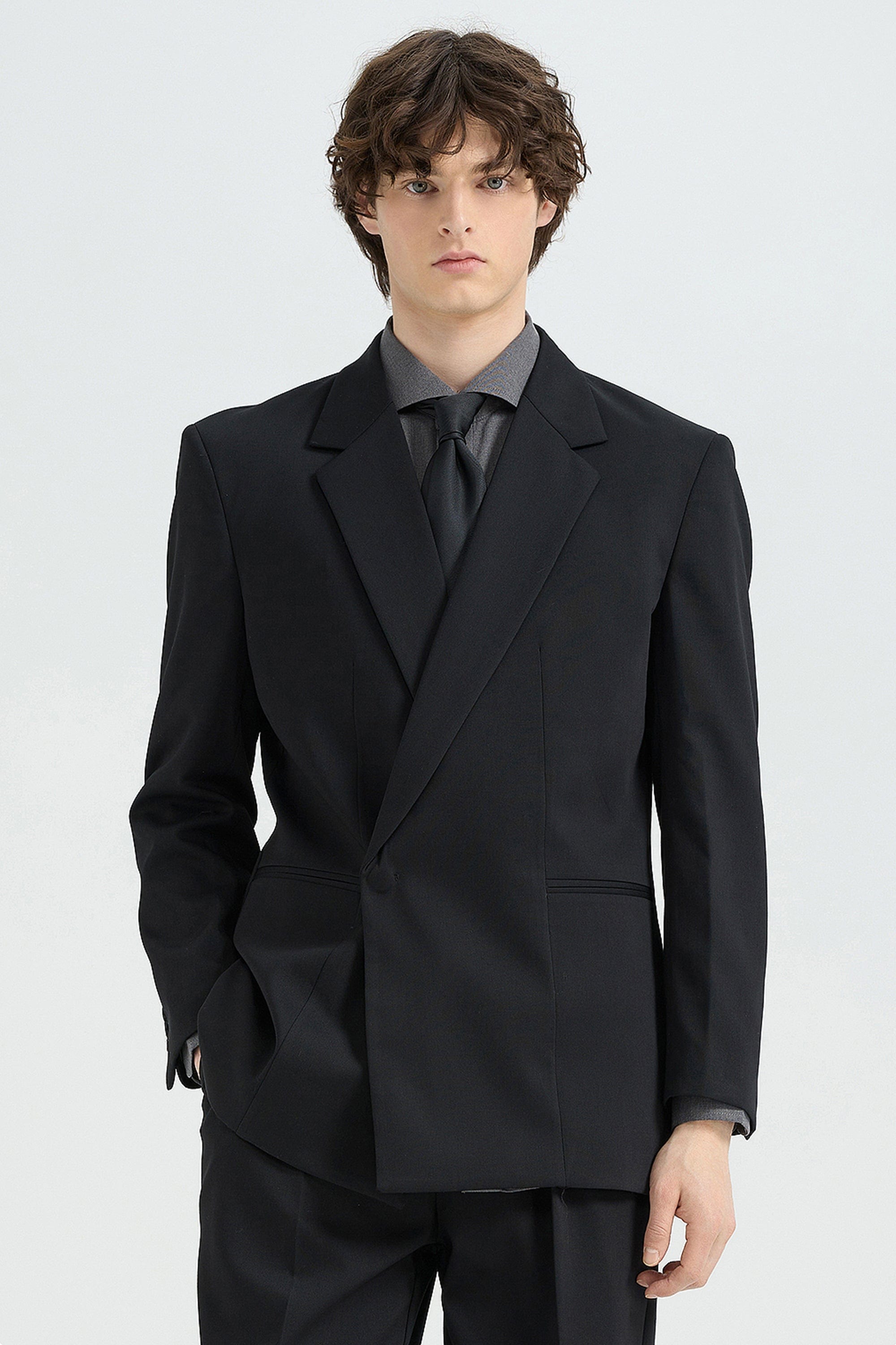 aesido Black 2 Piece Notch Lapel Concealed Button Casual Men's Suit