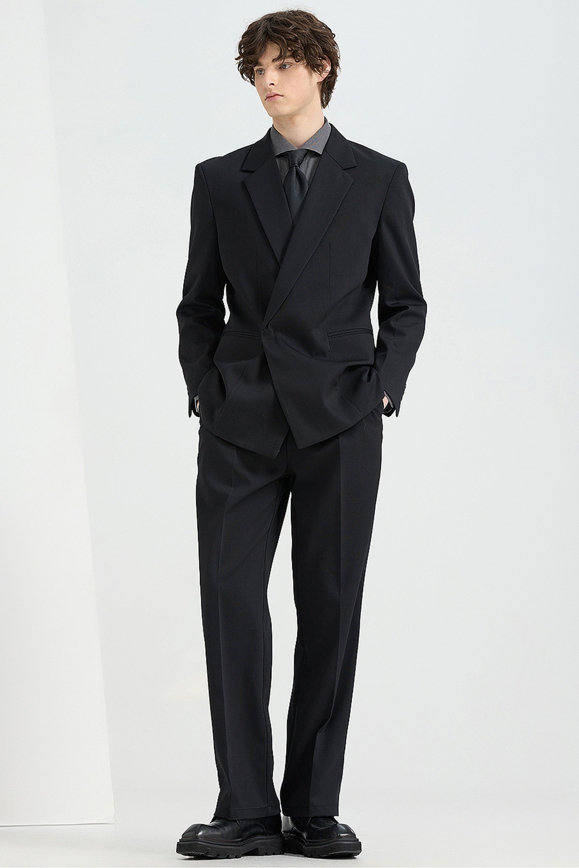 aesido Black 2 Piece Notch Lapel Concealed Button Casual Men's Suit