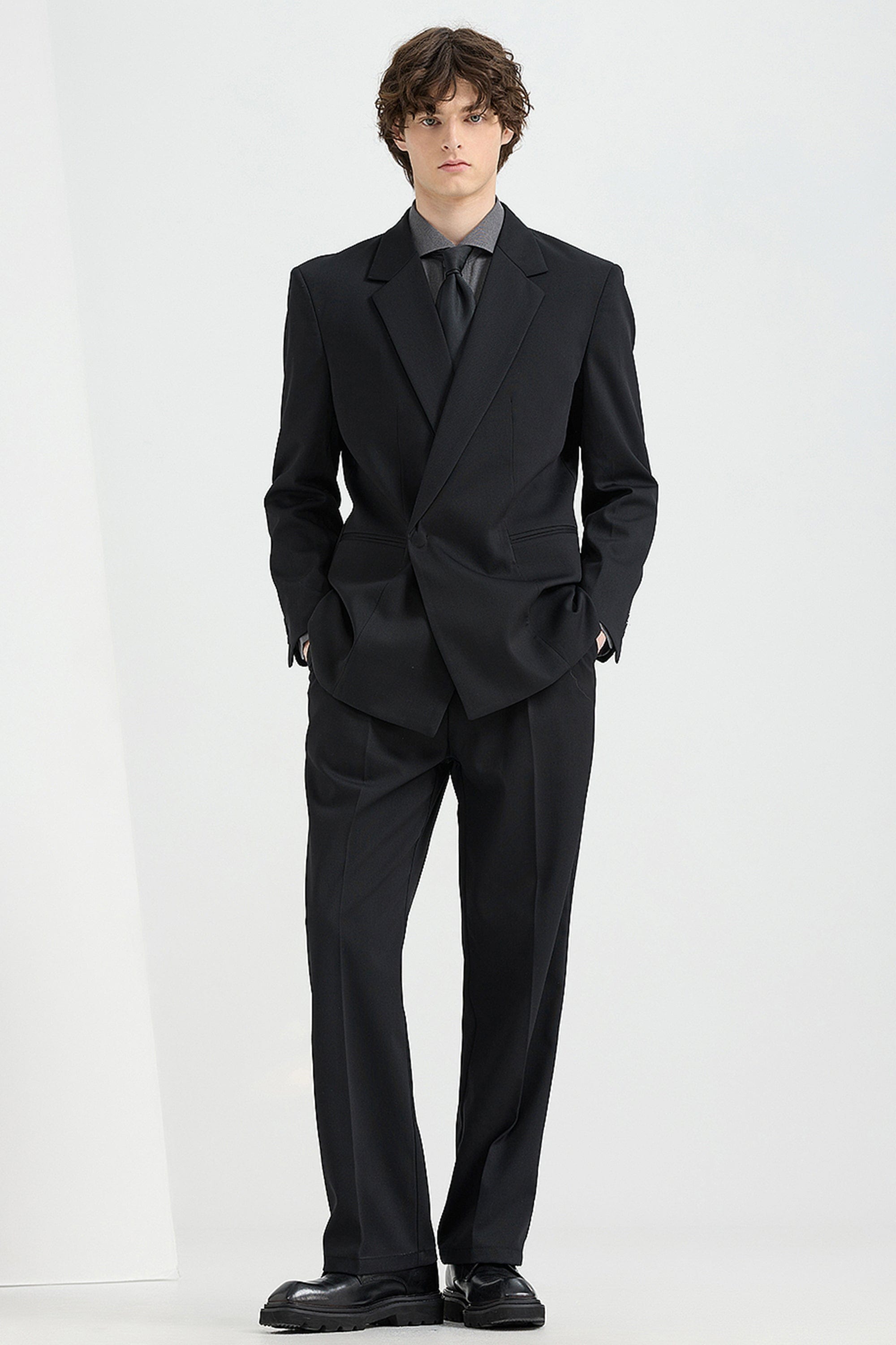 aesido Black 2 Piece Notch Lapel Concealed Button Casual Men's Suit