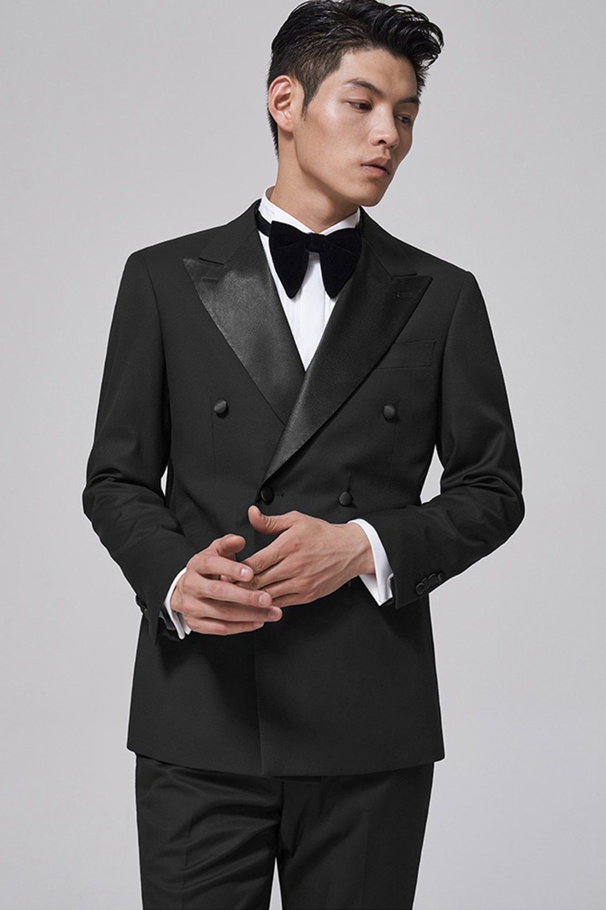 aesido Black 2 Piece Peaked Lapel Double Breasted Business Slim Fit Men's Suit Groom Wedding Dress
