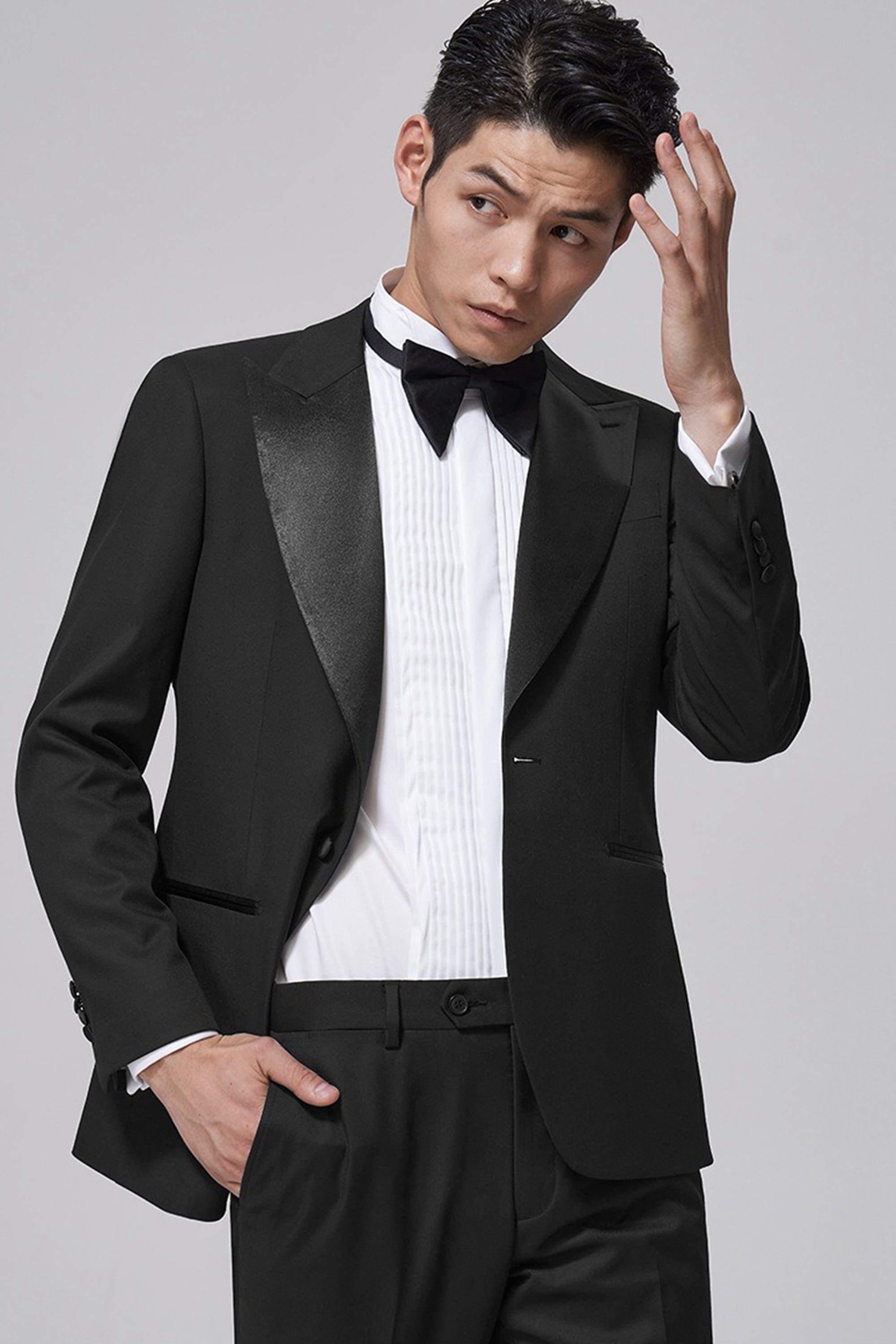 aesido Black 2 Piece Peaked Lapel Double Breasted Business Slim Fit Men's Suit Groom Wedding Dress