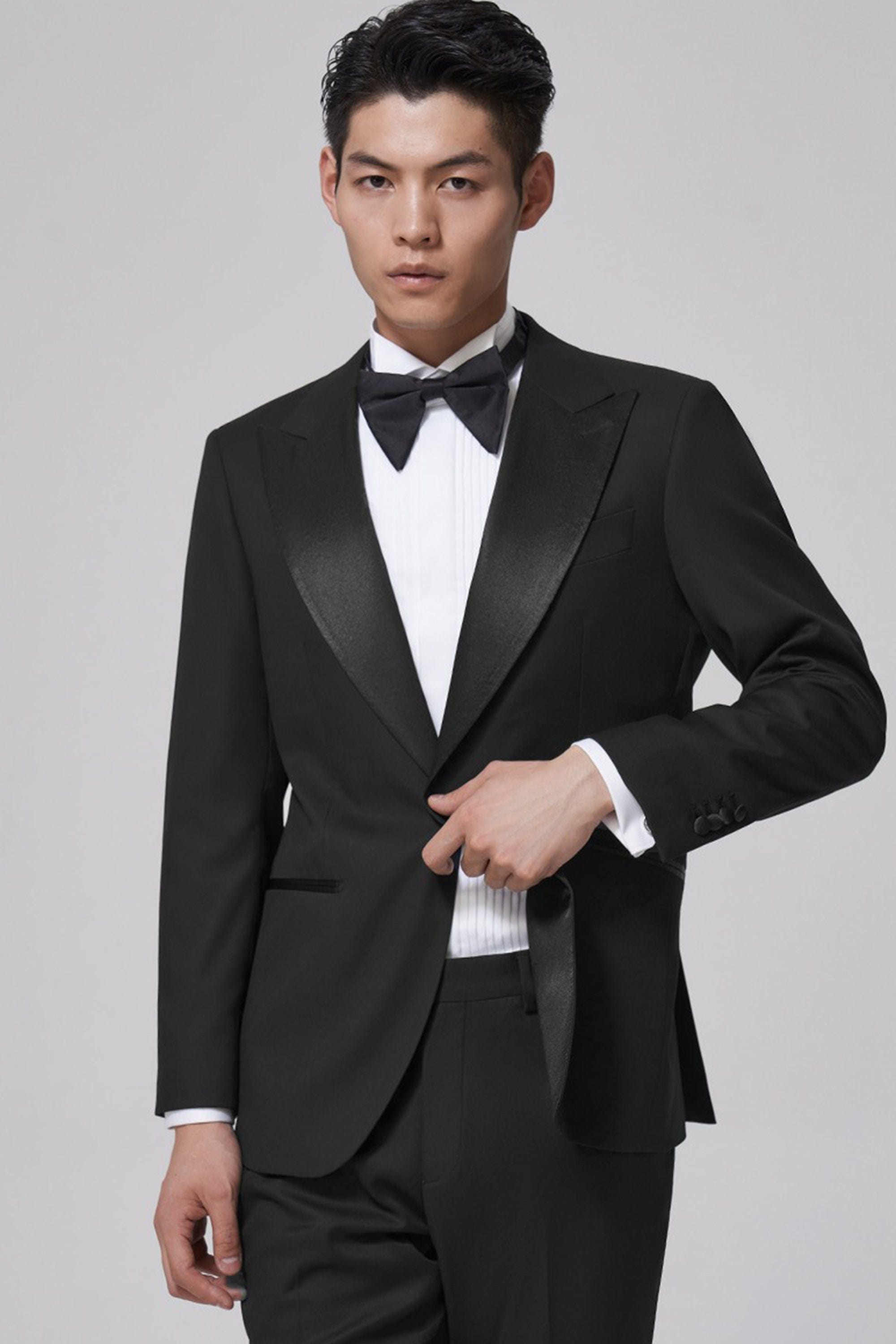 aesido Black 2 Piece Peaked Lapel Double Breasted Business Slim Fit Men's Suit Groom Wedding Dress
