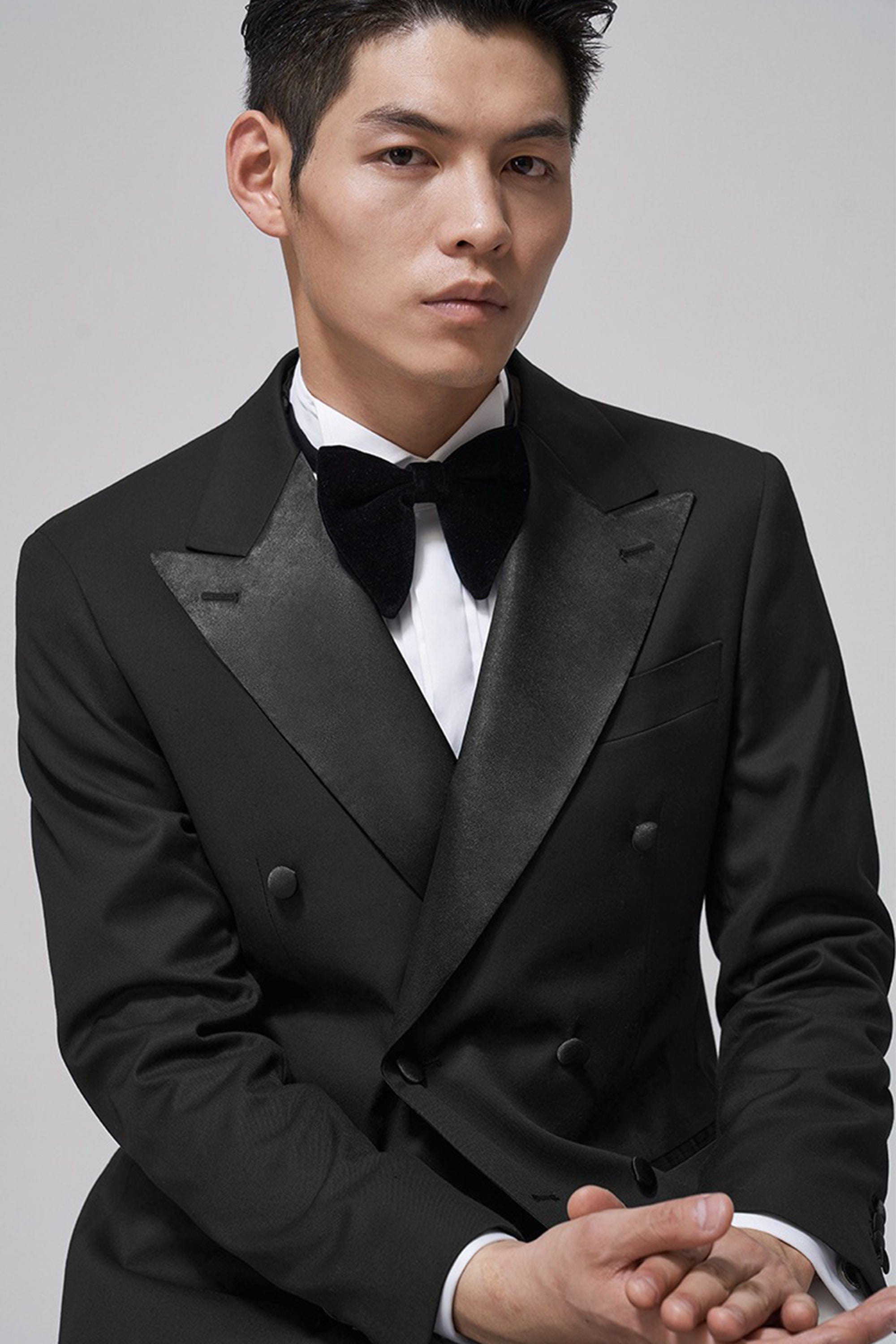 aesido Black 2 Piece Peaked Lapel Double Breasted Business Slim Fit Men's Suit Groom Wedding Dress