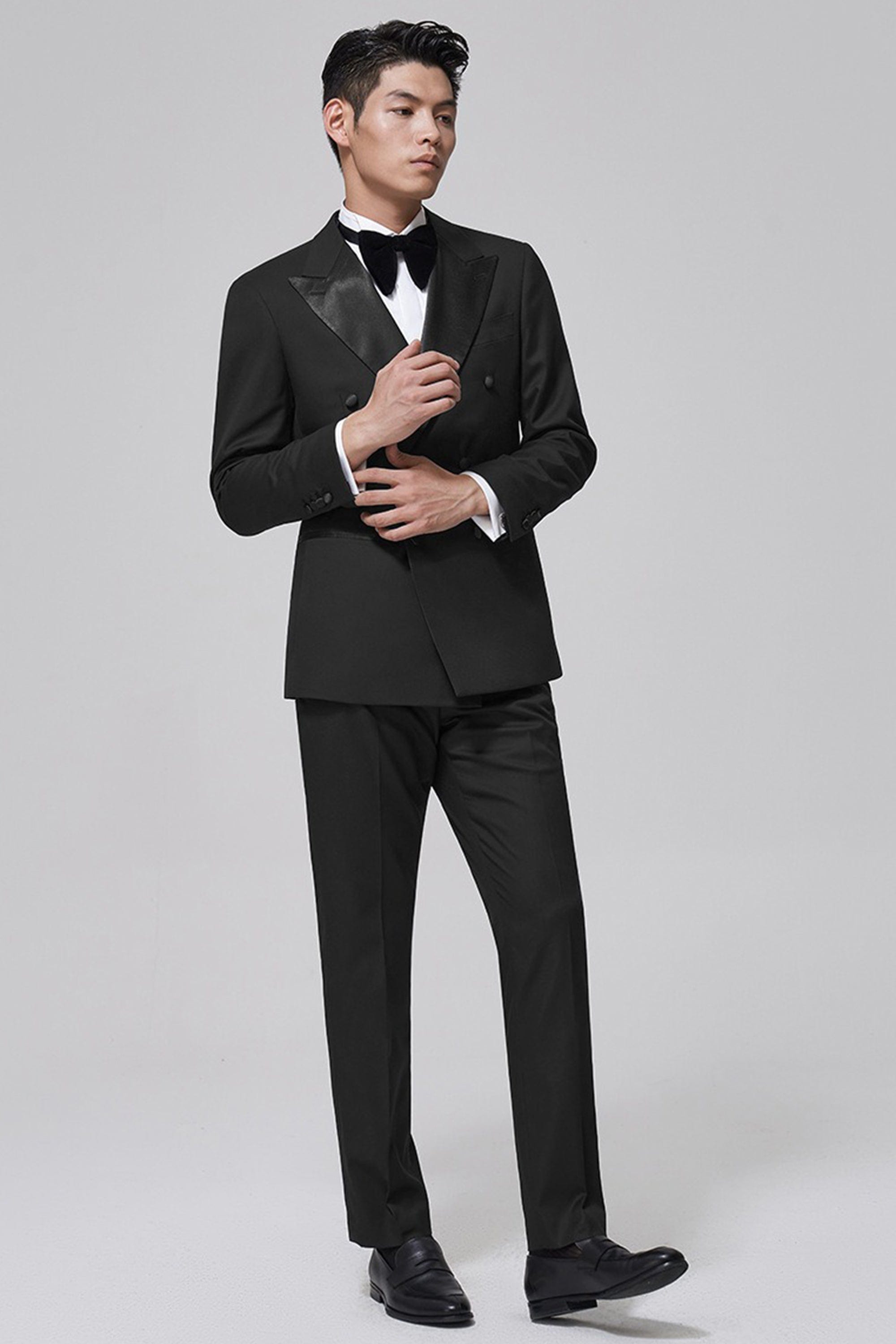 aesido Black 2 Piece Peaked Lapel Double Breasted Business Slim Fit Men's Suit Groom Wedding Dress