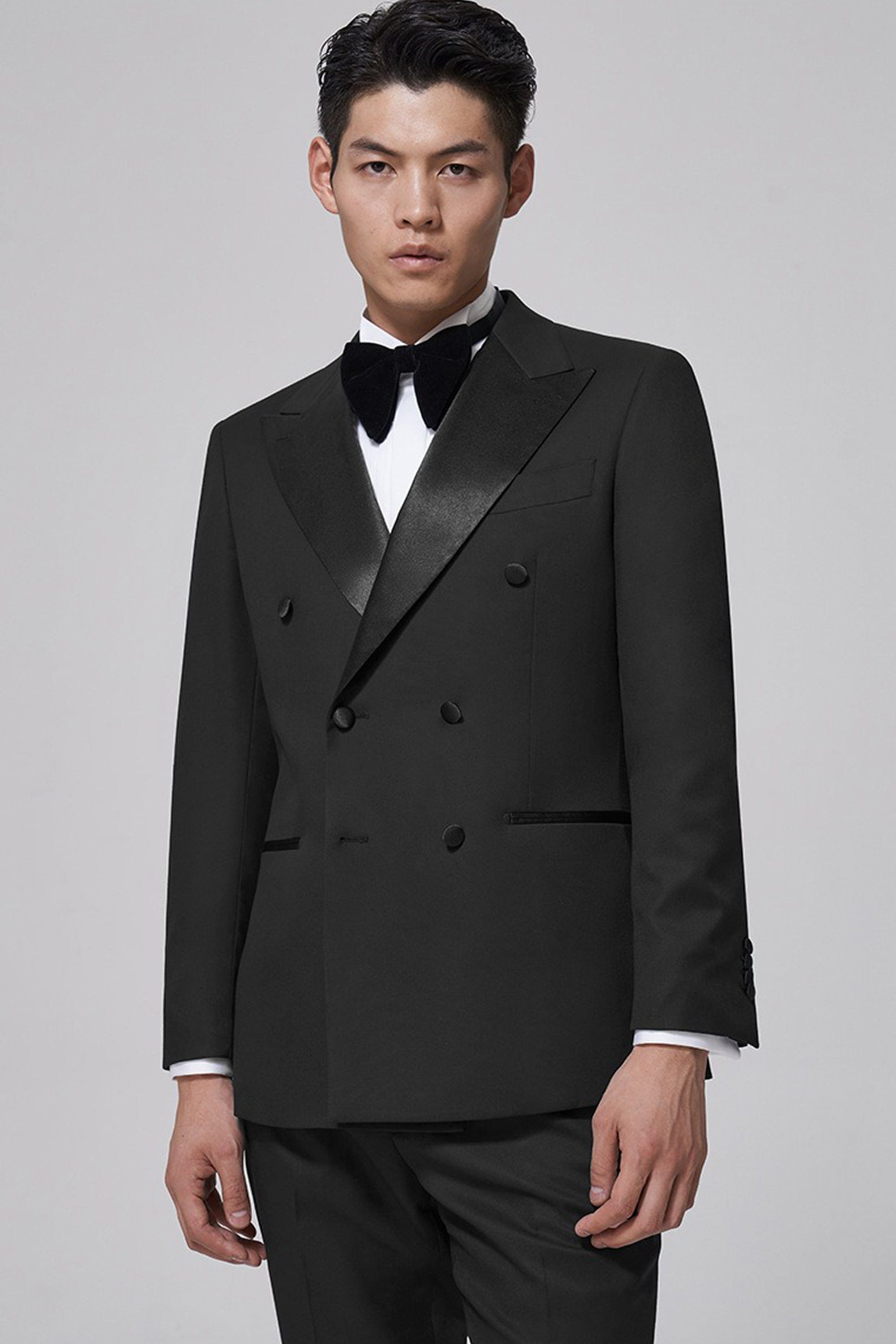 aesido Black 2 Piece Peaked Lapel Double Breasted Business Slim Fit Men's Suit Groom Wedding Dress