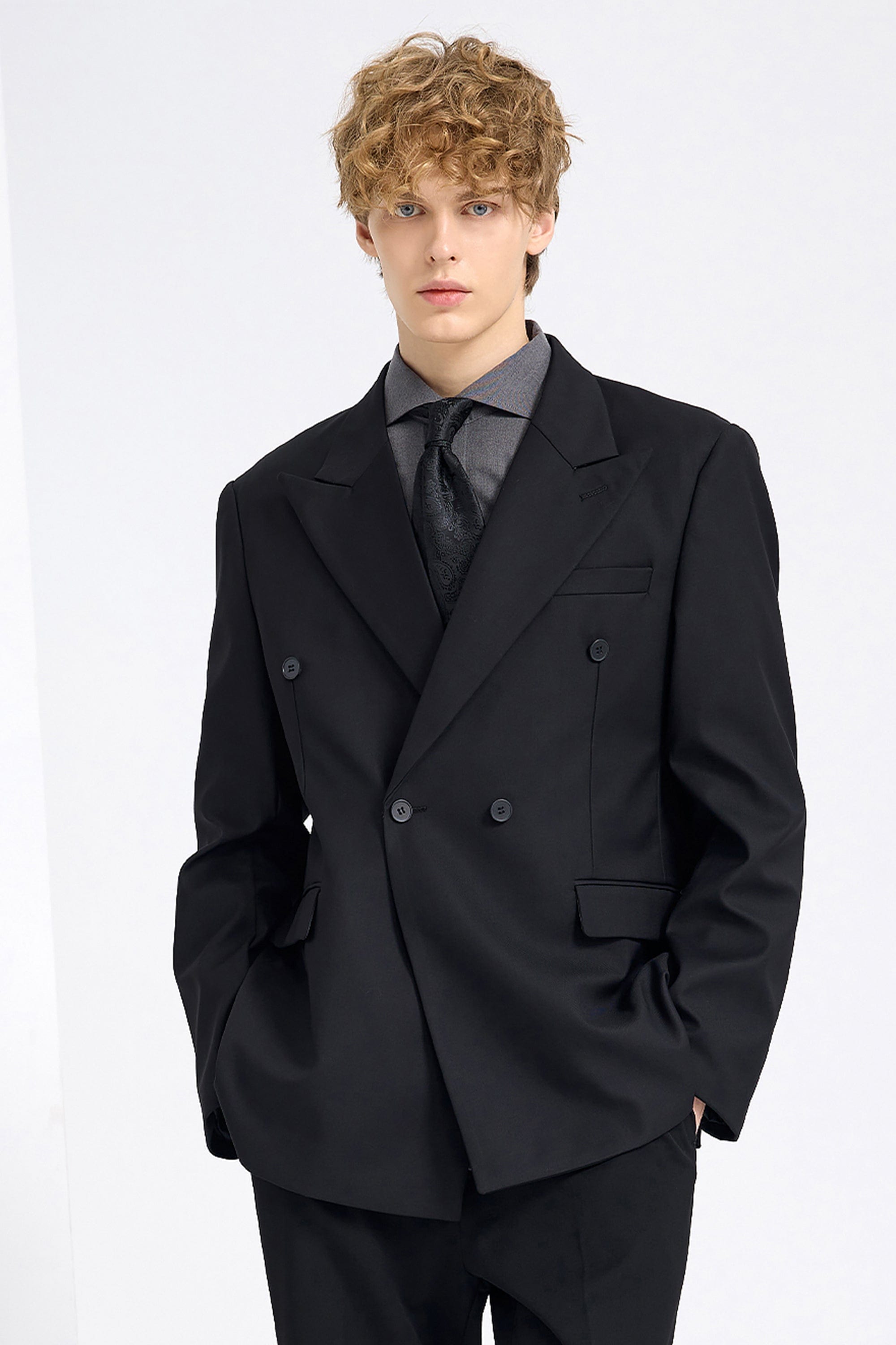 aesido Black 2 Piece Retro Trend Peak Lapel Loose Casual Men's Suit