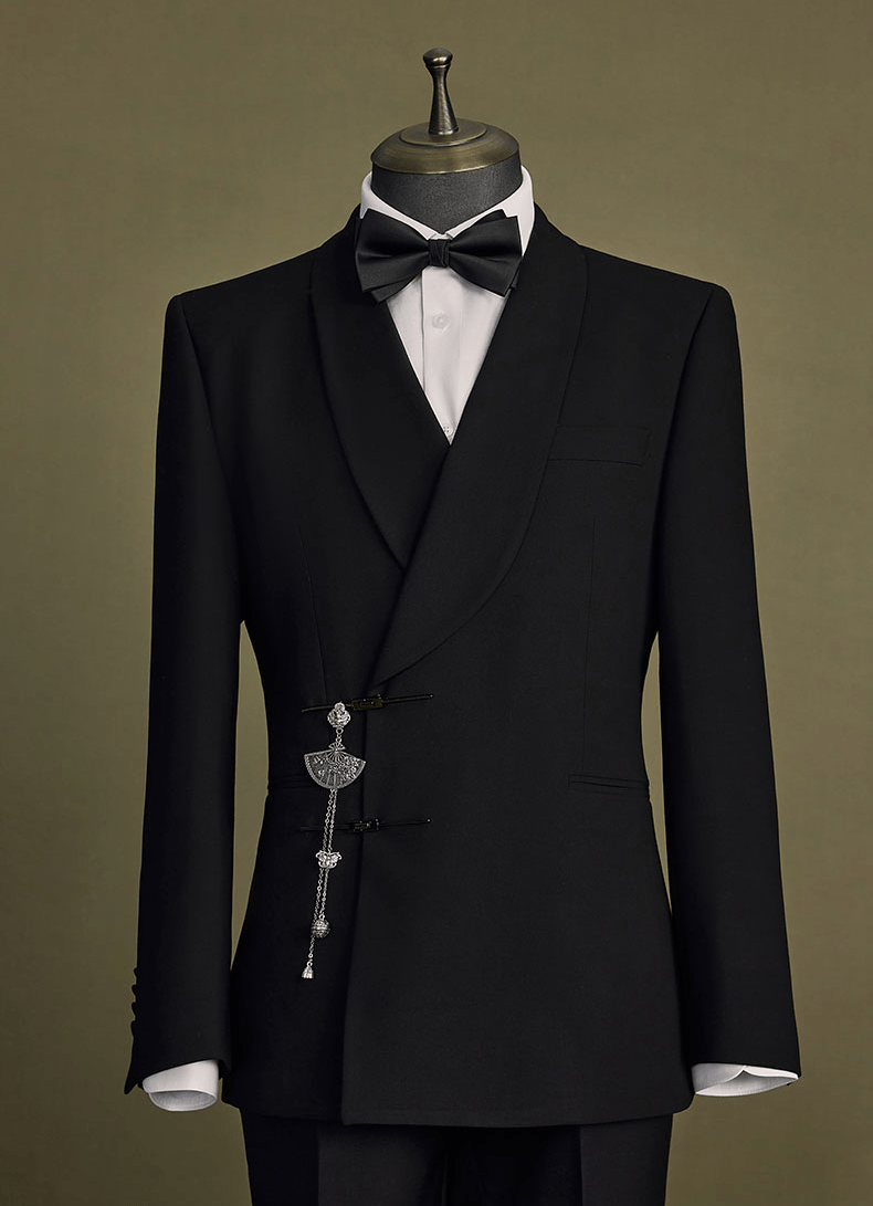 aesido Black 2 Piece Shawl Lapel double Buttons Men's Suit Groom Wedding Banquet Dress
