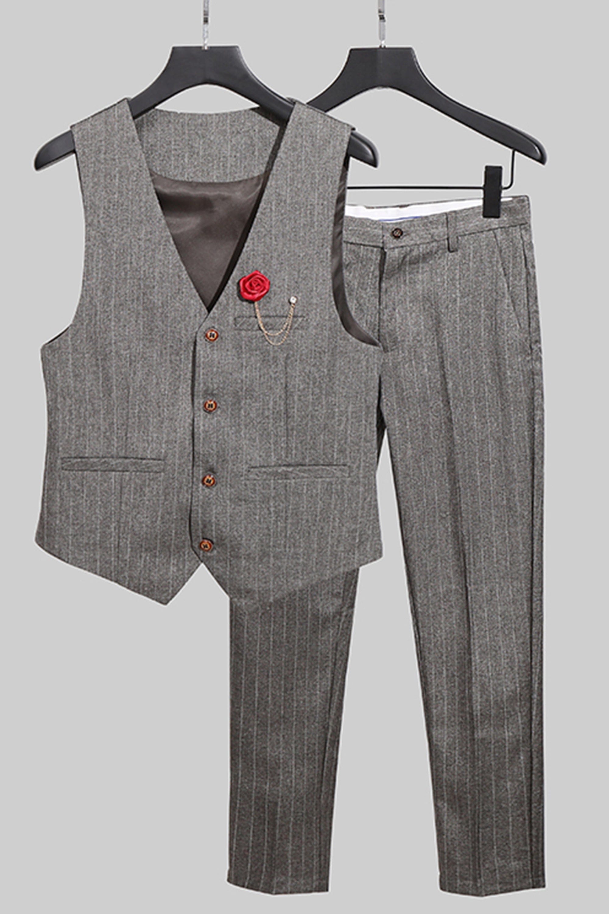 aesido Black 2 Piece Striped Slim Fit Men's Suit Vest Groom Best Man Wedding Waistcoat (Vest+Pants)