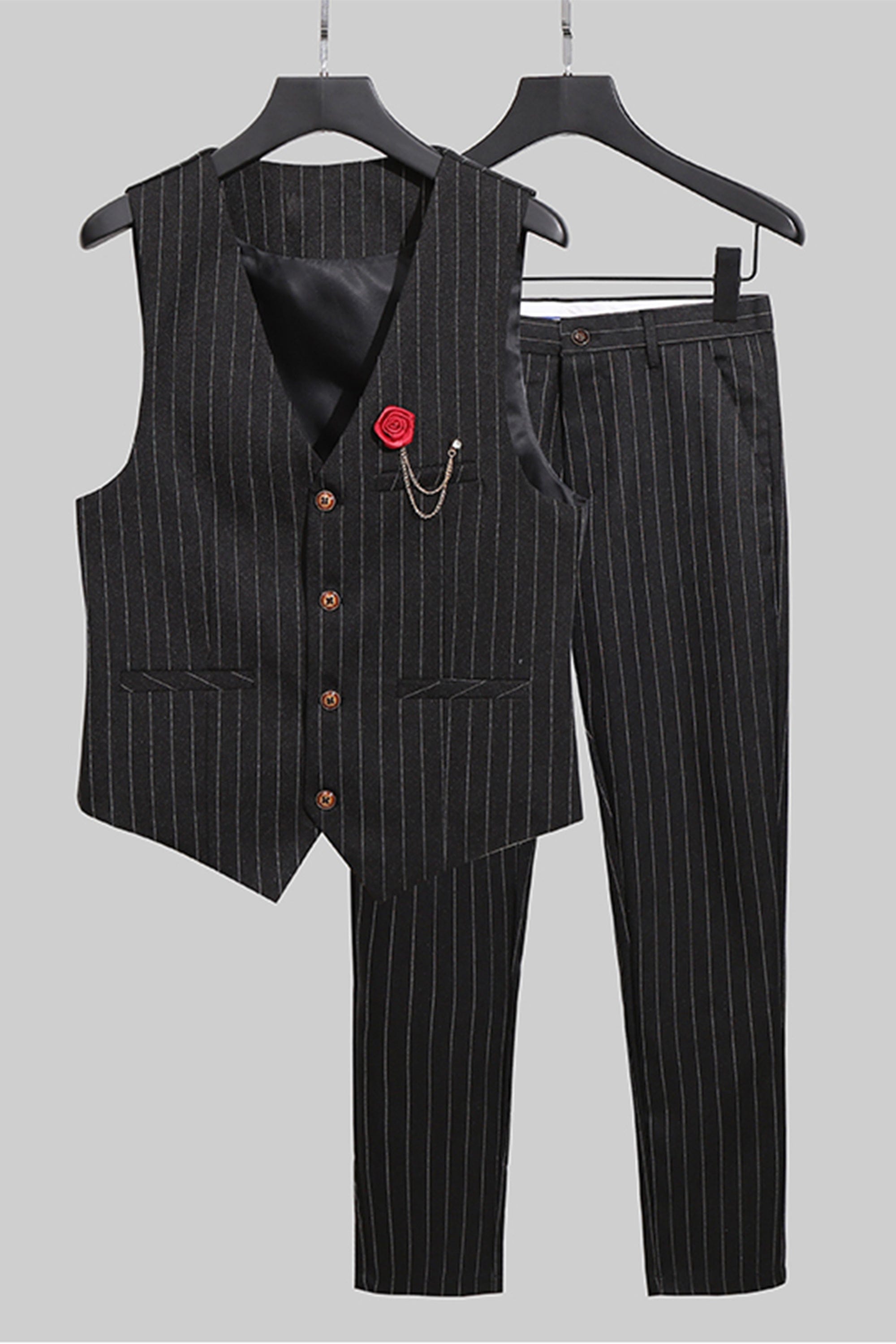 aesido Black 2 Piece Striped Slim Fit Men's Suit Vest Groom Best Man Wedding Waistcoat (Vest+Pants)