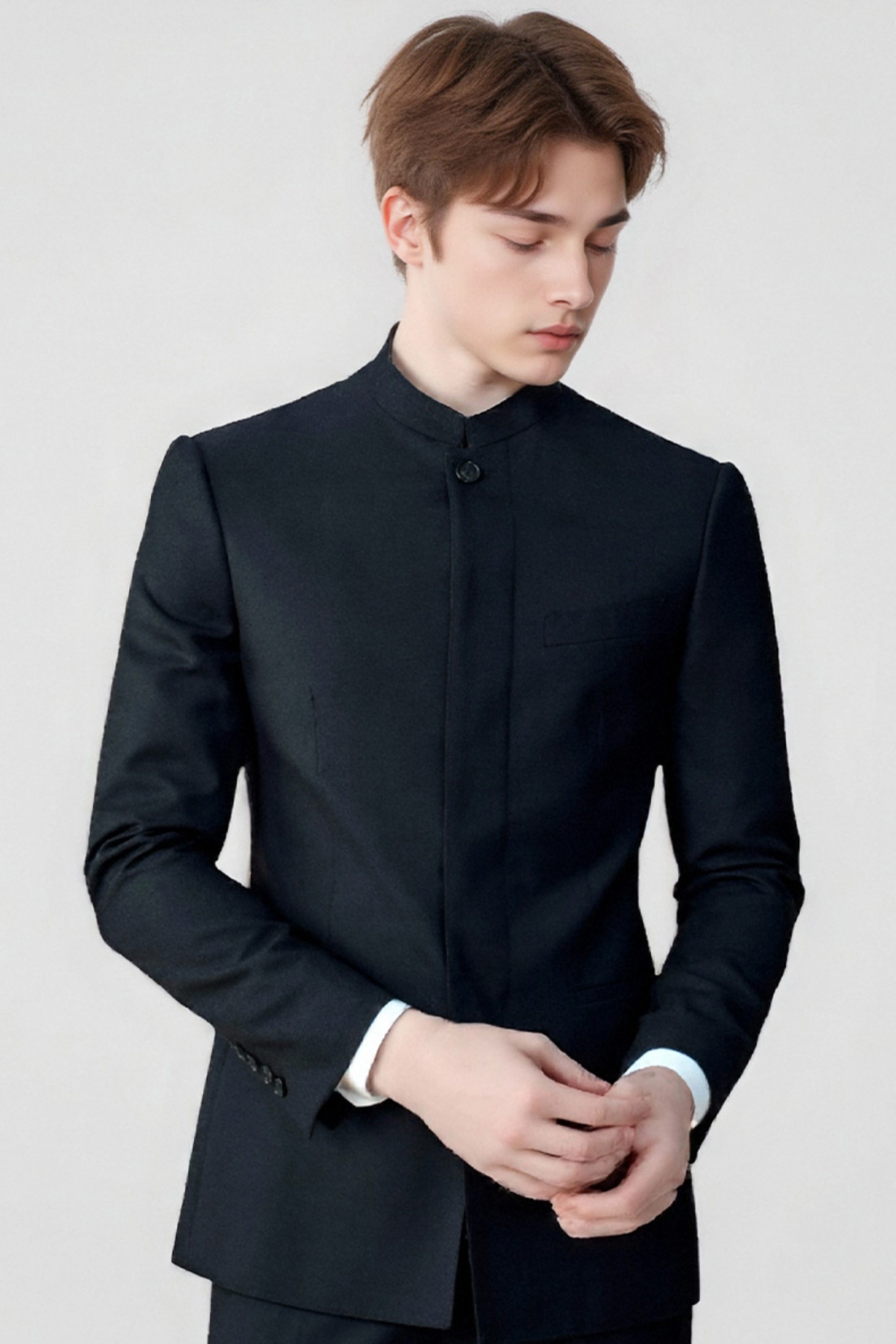 aesido Black 2 Piece Zhongshan Suit Single Breasted Stand Collar Business Casual Men's Suit