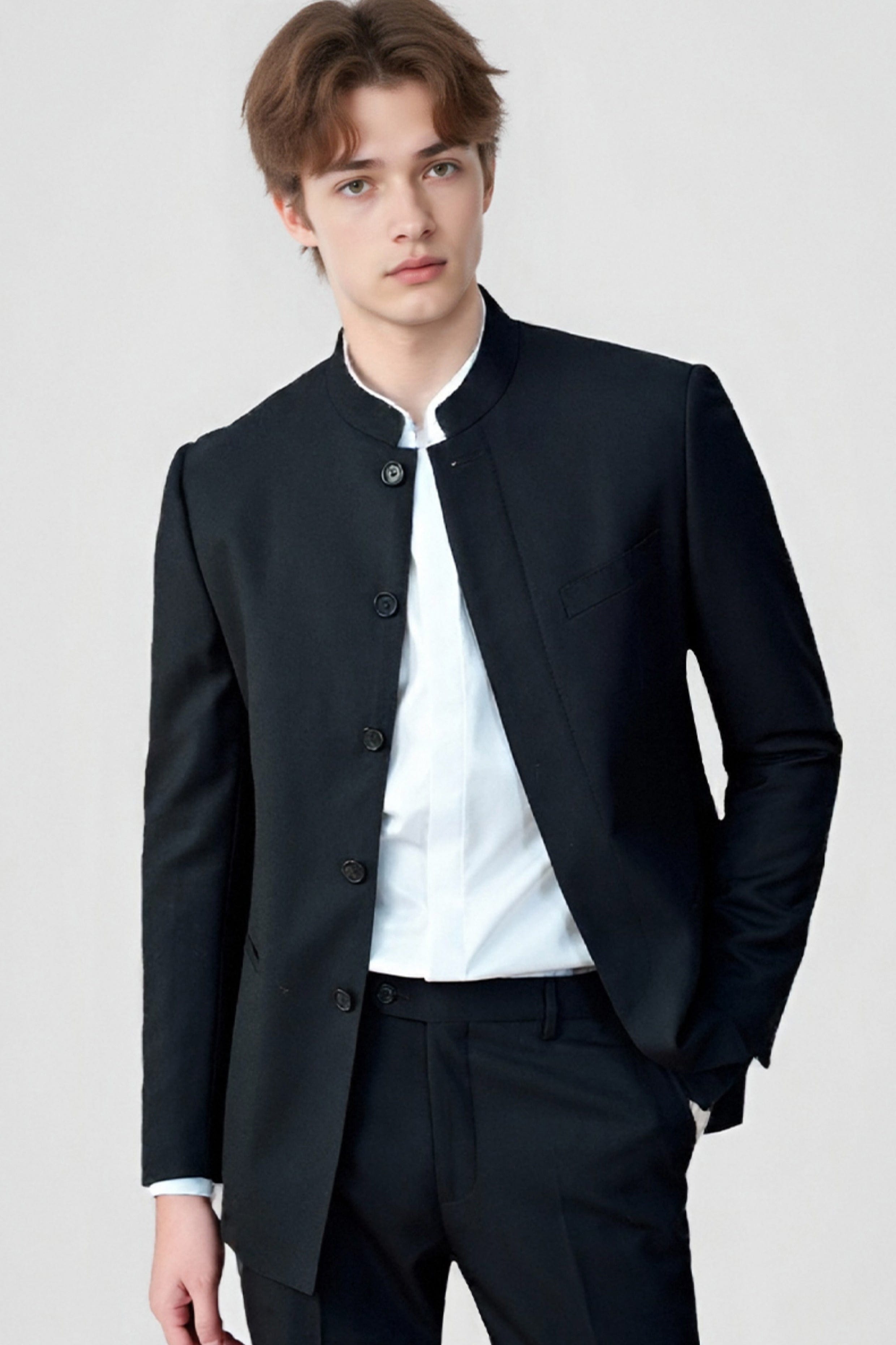 aesido Black 2 Piece Zhongshan Suit Single Breasted Stand Collar Business Casual Men's Suit