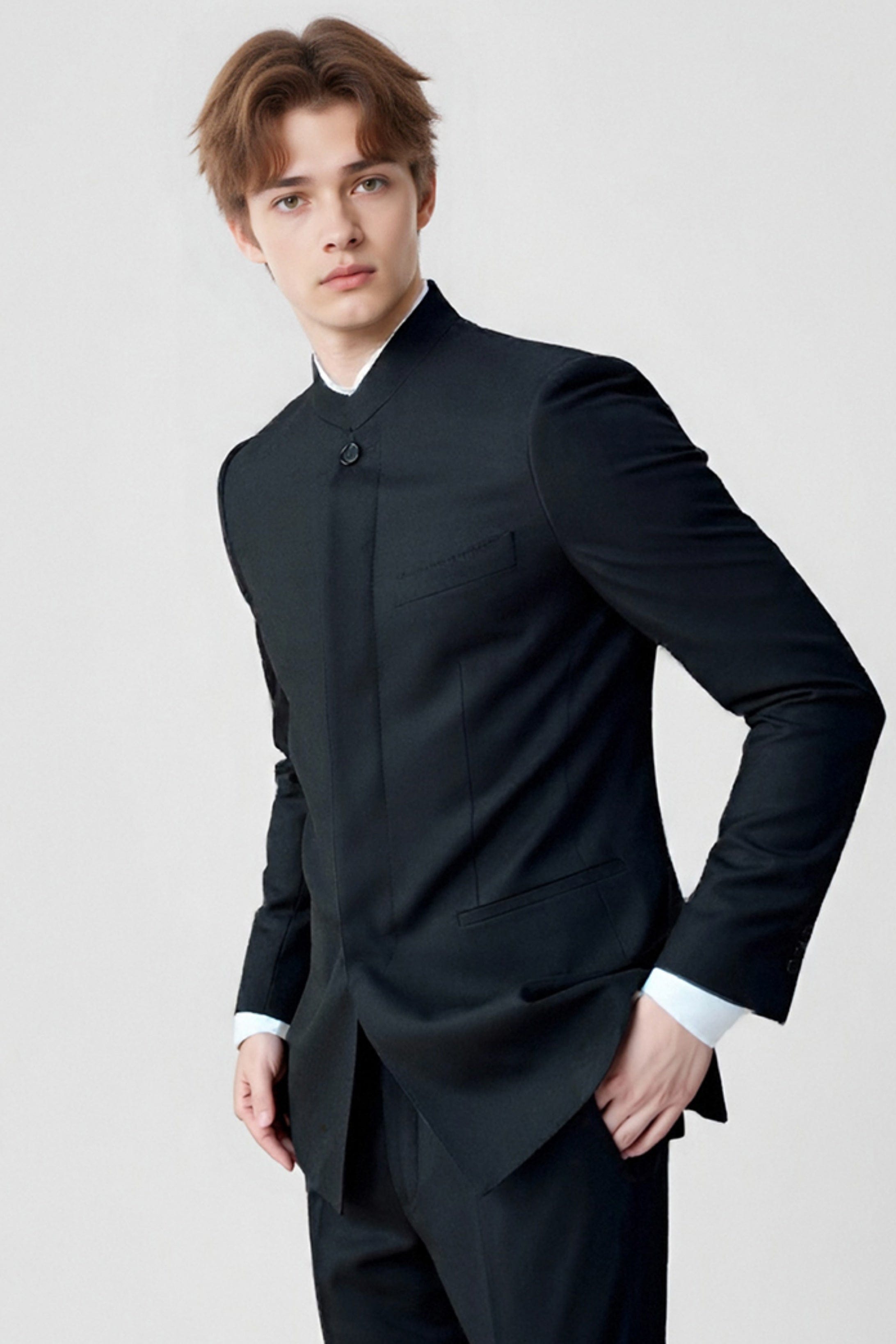 aesido Black 2 Piece Zhongshan Suit Single Breasted Stand Collar Business Casual Men's Suit