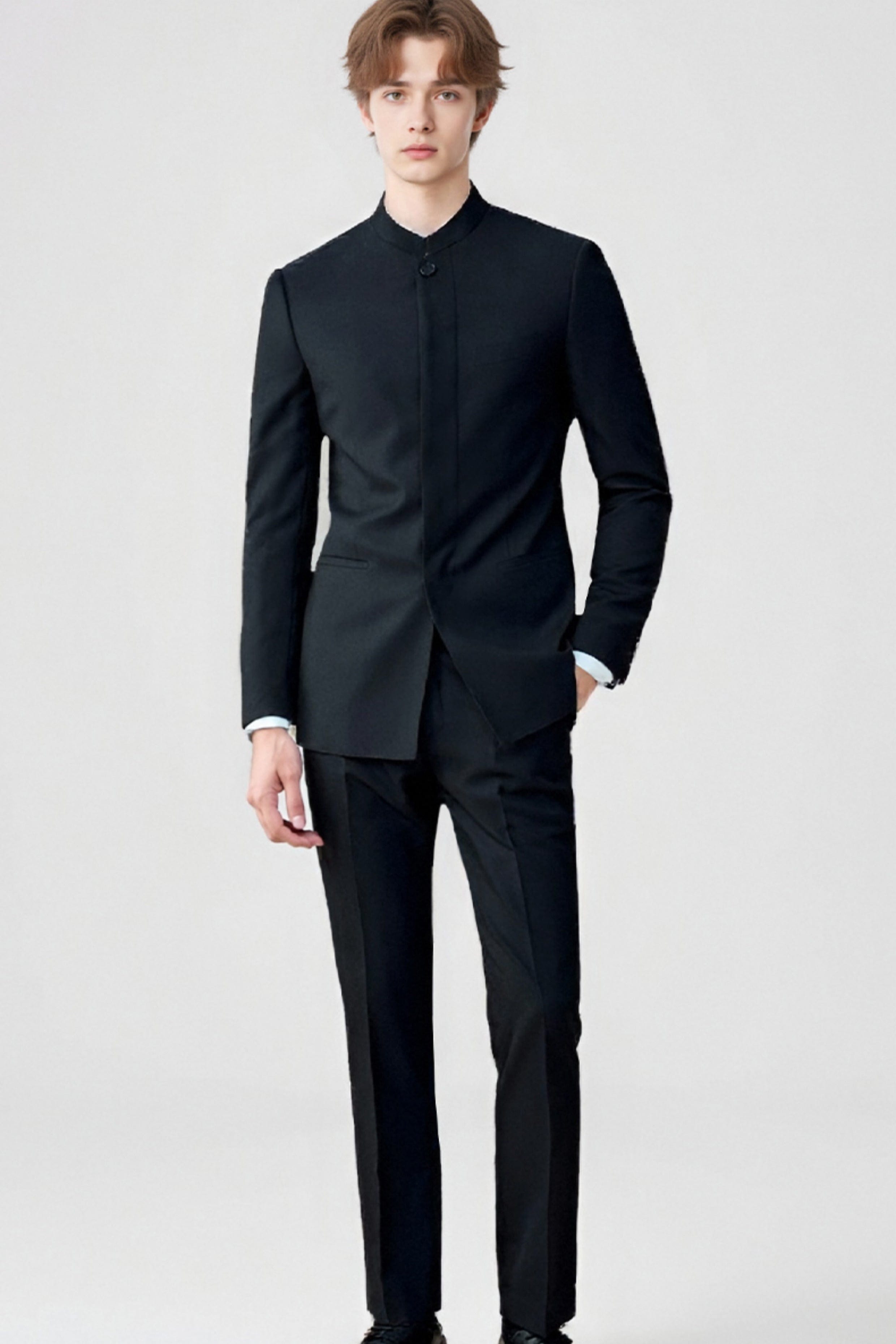 aesido Black 2 Piece Zhongshan Suit Single Breasted Stand Collar Business Casual Men's Suit