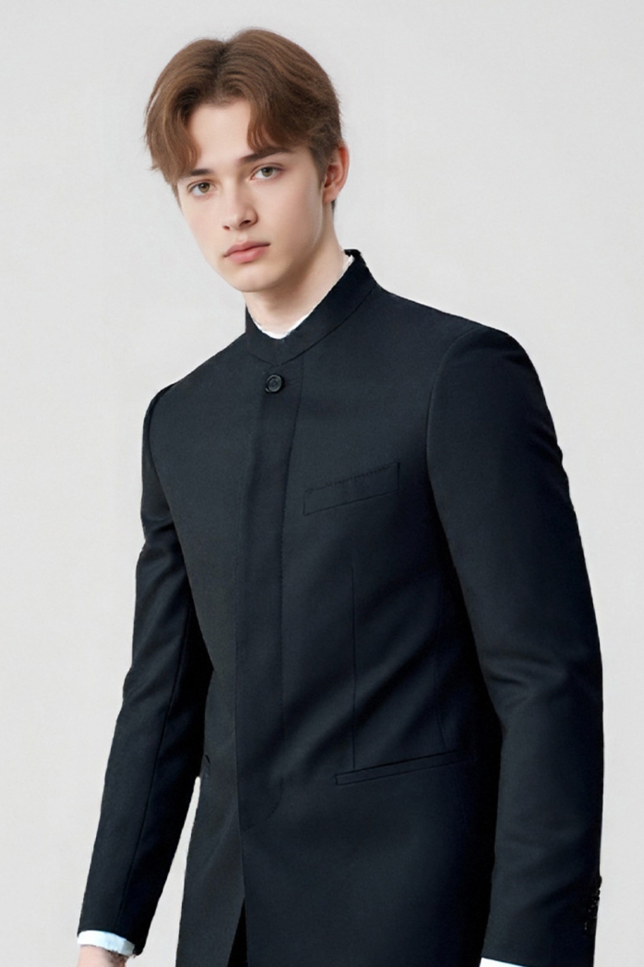 aesido Black 2 Piece Zhongshan Suit Single Breasted Stand Collar Business Casual Men's Suit