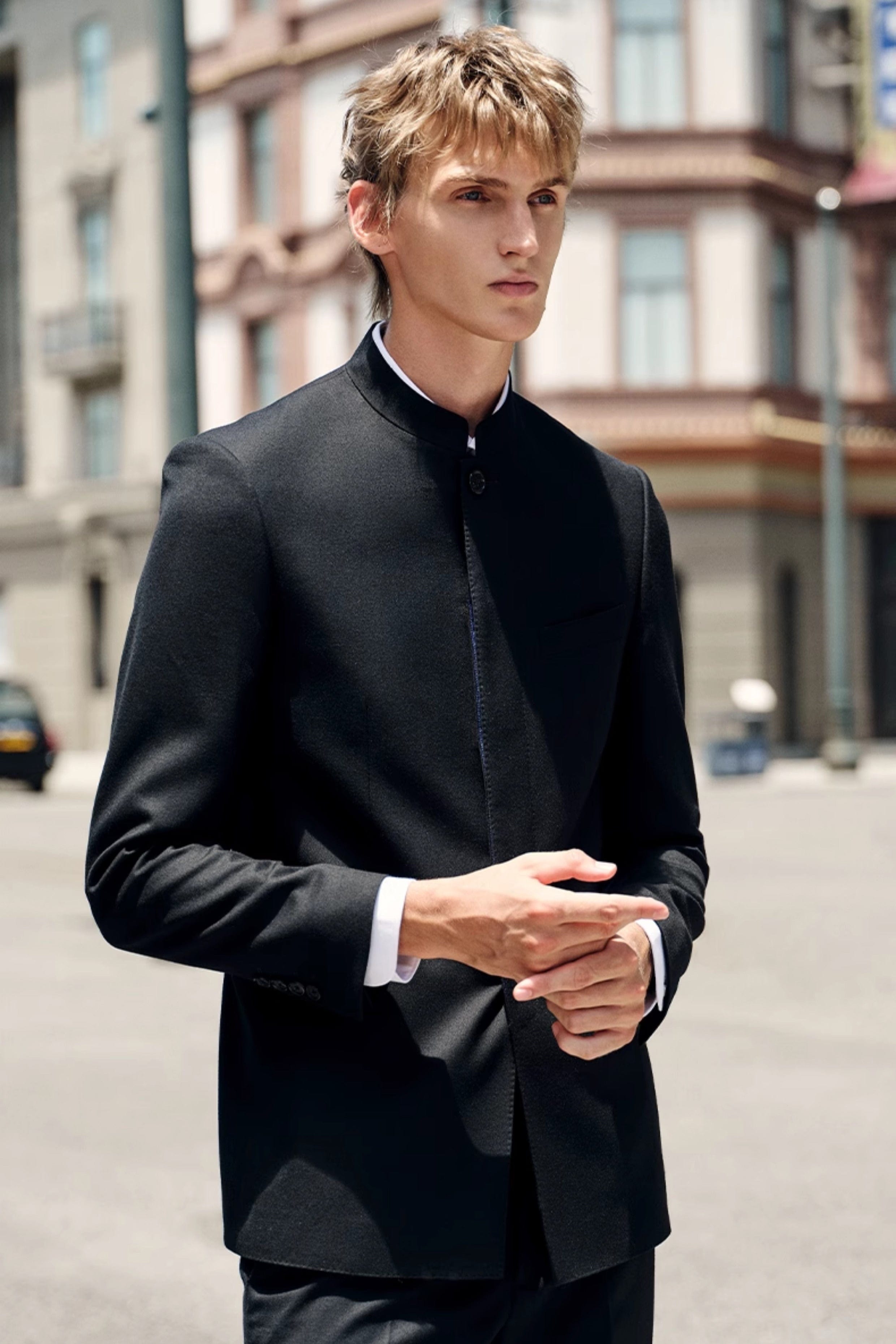 aesido Black 2 Piece Zhongshan Suit Single Breasted Stand Collar Business Casual Men's Suit