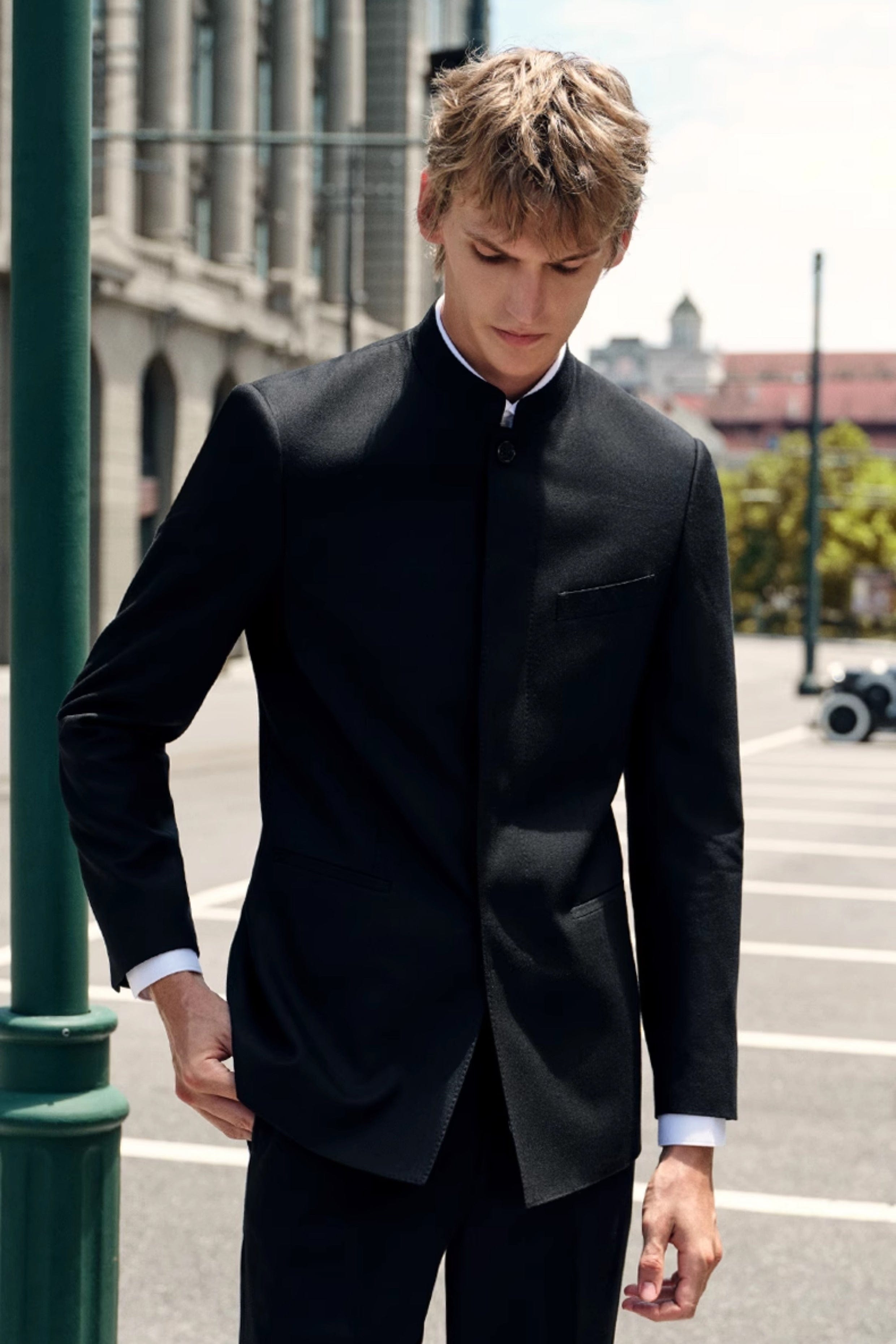 aesido Black 2 Piece Zhongshan Suit Single Breasted Stand Collar Business Casual Men's Suit