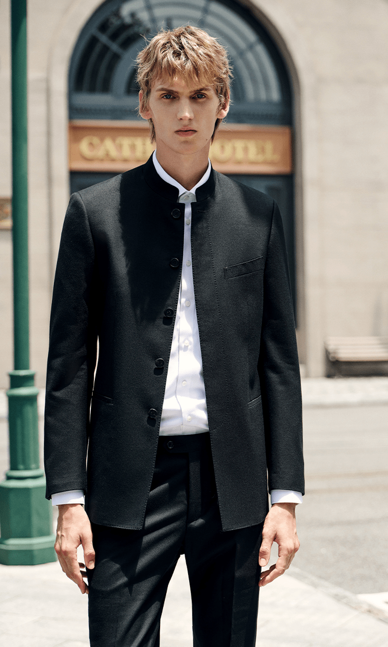 aesido Black 2 Piece Zhongshan Suit Single Breasted Stand Collar Business Casual Men's Suit