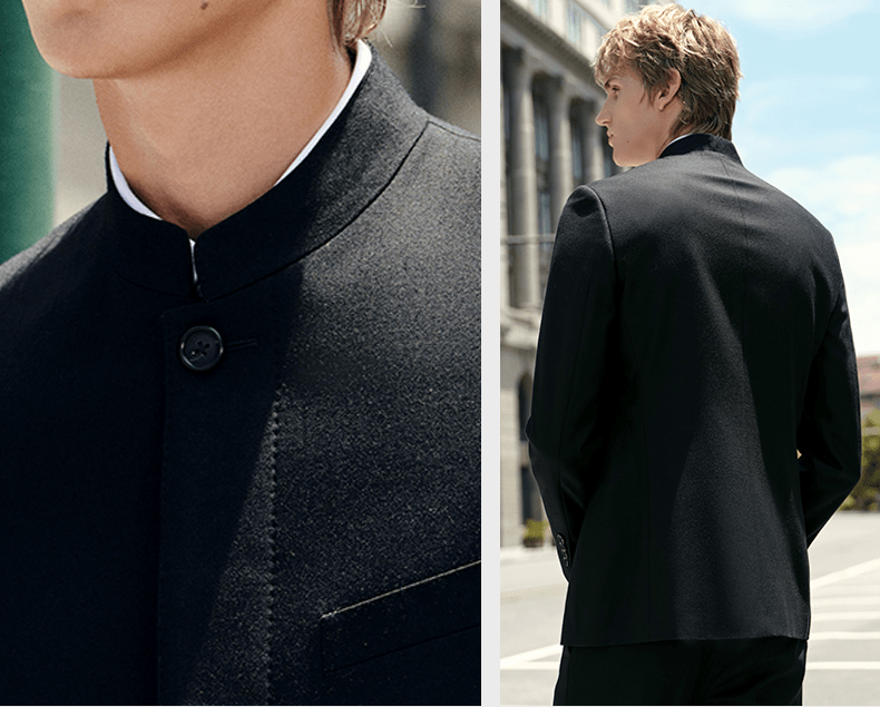 aesido Black 2 Piece Zhongshan Suit Single Breasted Stand Collar Business Casual Men's Suit