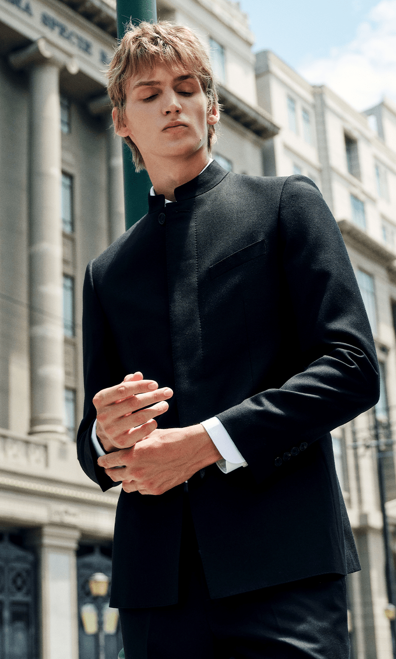 aesido Black 2 Piece Zhongshan Suit Single Breasted Stand Collar Business Casual Men's Suit