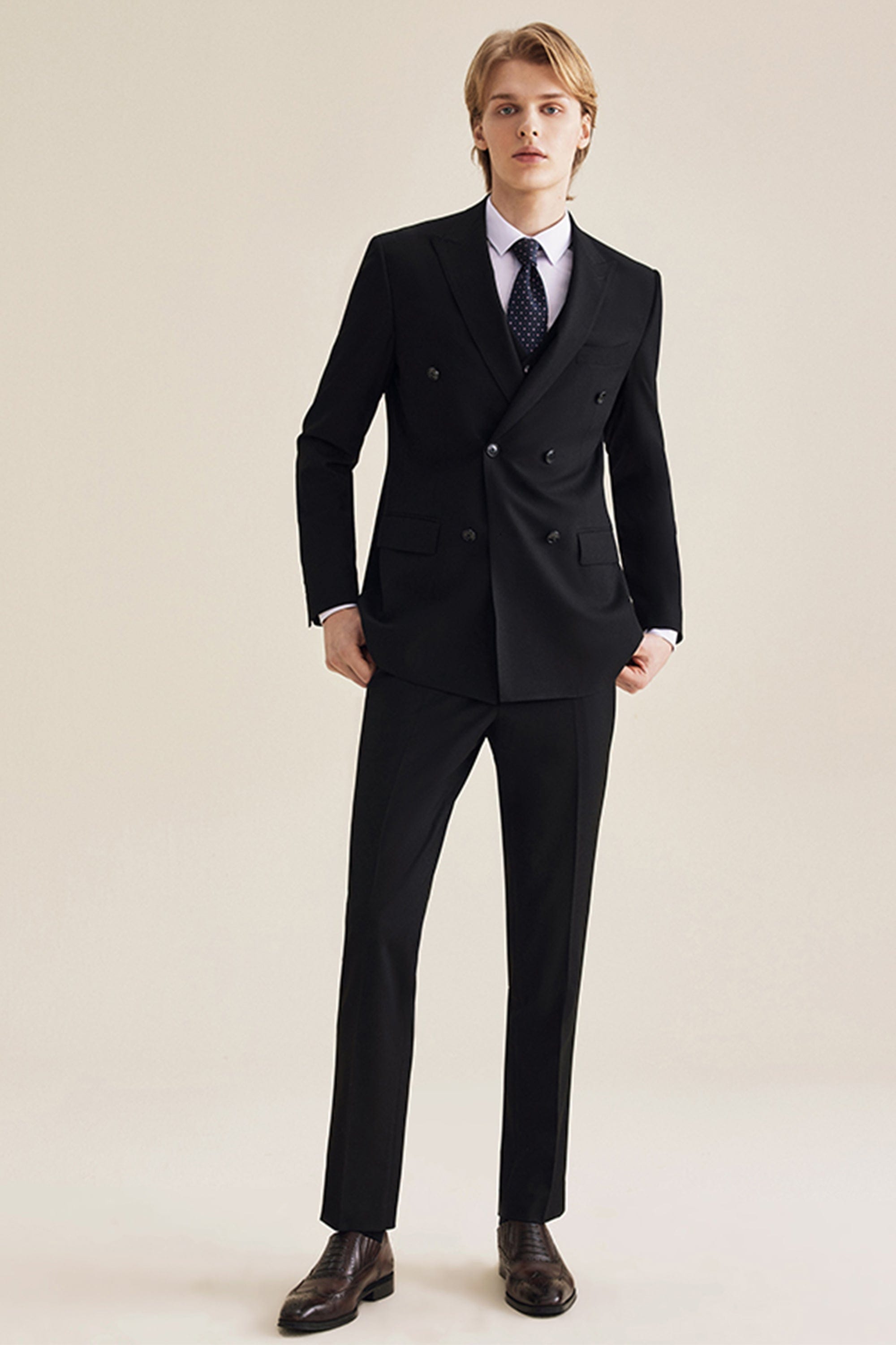 aesido Black 3 Piece Double Breasted Stylish Gentleman Business Casual Men's Suit Groom Wedding Dress