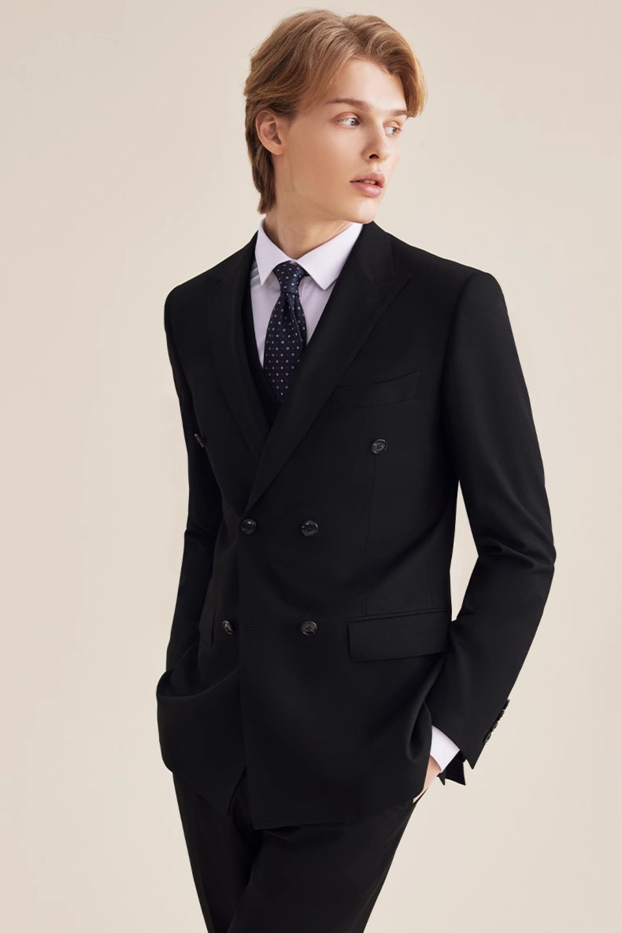 aesido Black 3 Piece Double Breasted Stylish Gentleman Business Casual Men's Suit Groom Wedding Dress