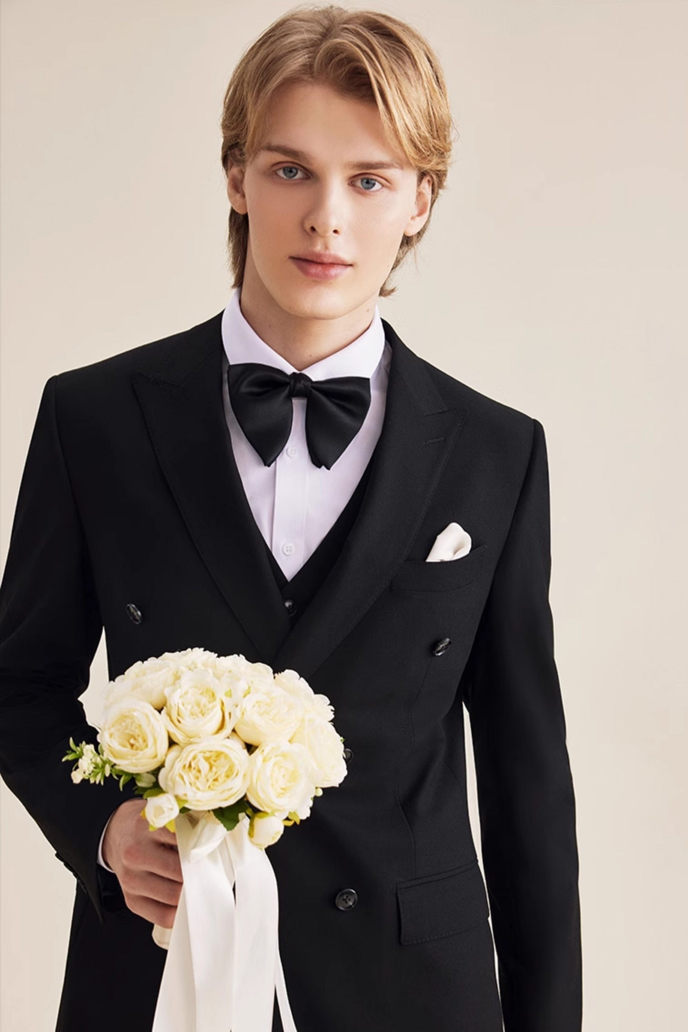 aesido Black 3 Piece Double Breasted Stylish Gentleman Business Casual Men's Suit Groom Wedding Dress