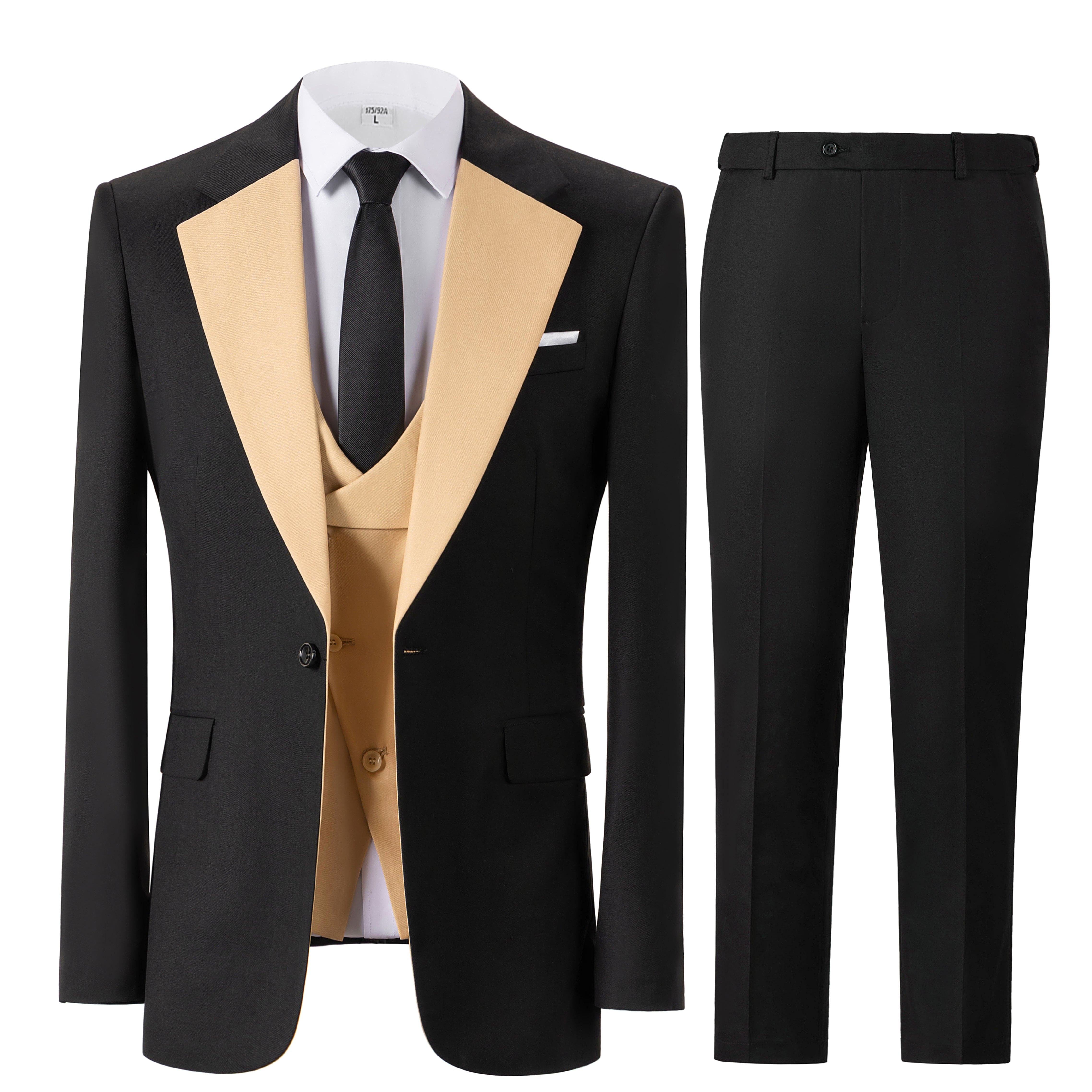 aesido Black 3 Piece Single Button Business Casual Men Suit (Blazer+Vest+Pants)