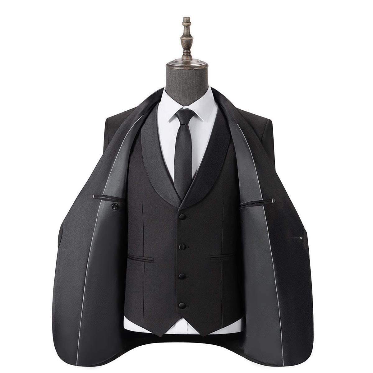 aesido Black 3 Piece Single Button Satin Collar Men Suit (Blazer+Vest+Pants)