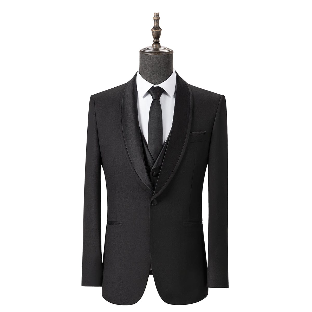 aesido Black 3 Piece Single Button Satin Collar Men Suit (Blazer+Vest+Pants)