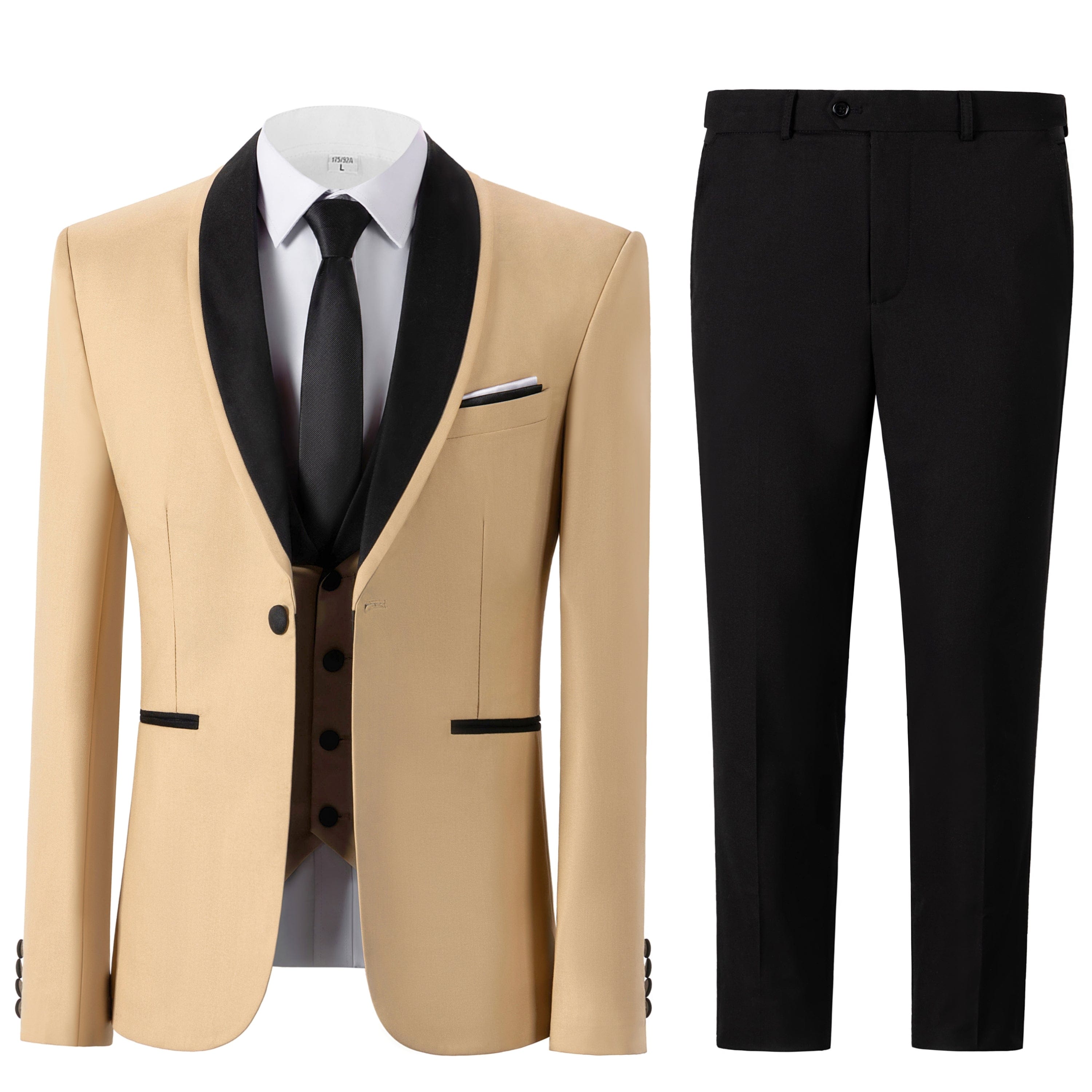 aesido Black 3 Piece Single Button Satin Collar Men Suit (Blazer+Vest+Pants)