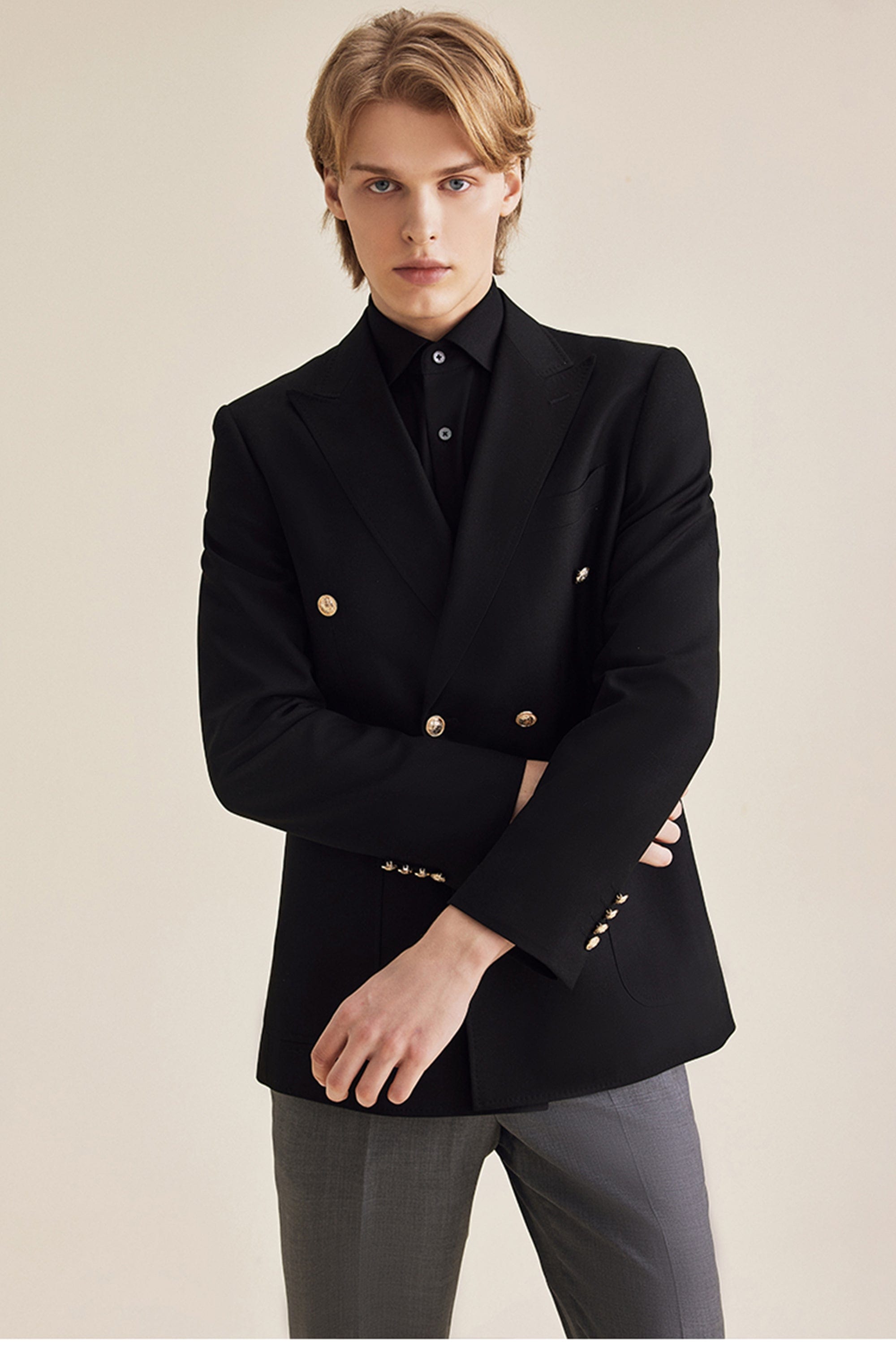 aesido Black Double Breasted Business Casual Slim Fit Men's Blazer