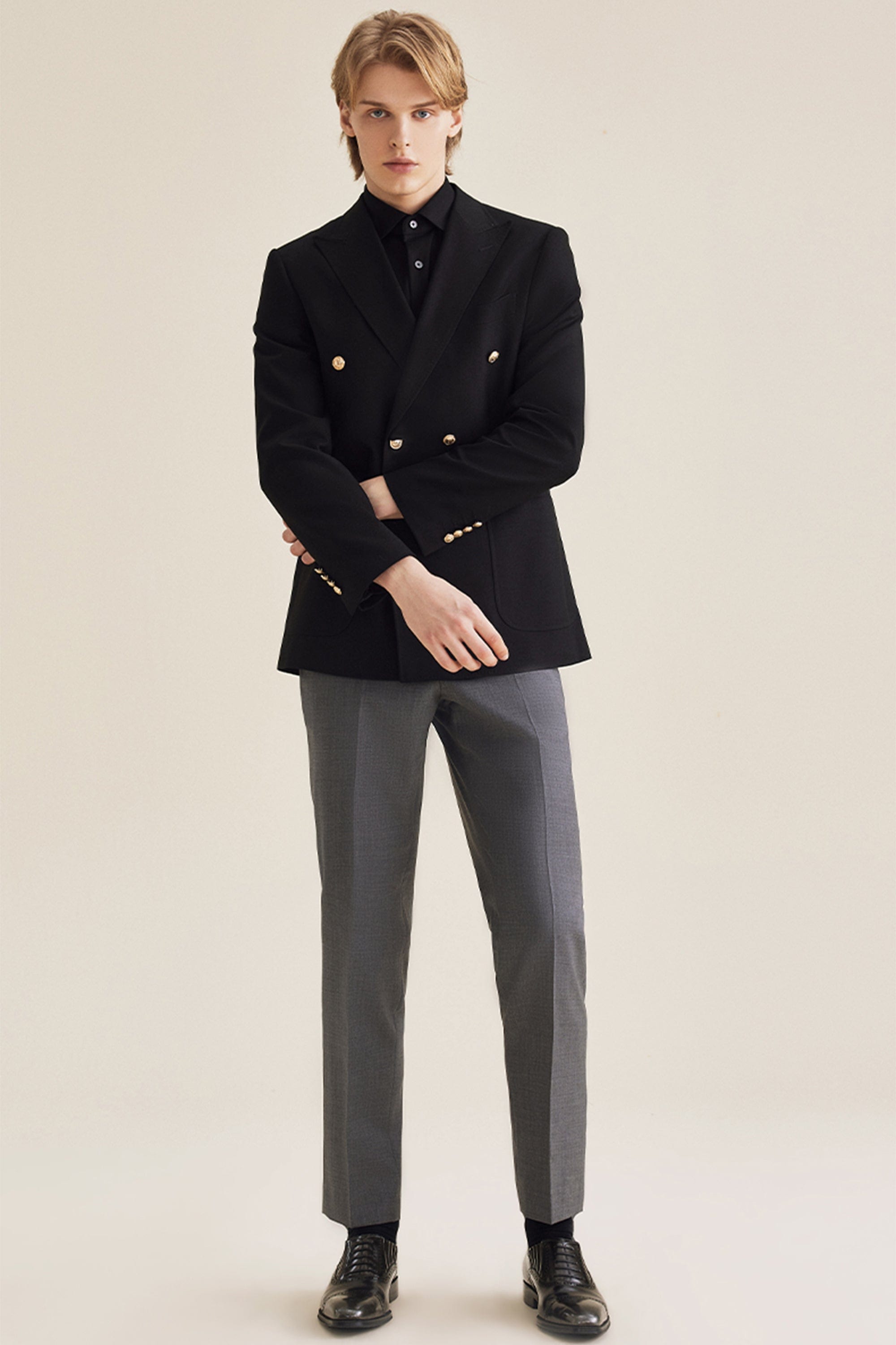 aesido Black Double Breasted Business Casual Slim Fit Men's Blazer