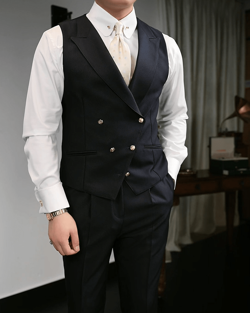 aesido Black Double Breasted Casual Slim Fit Men's Vest
