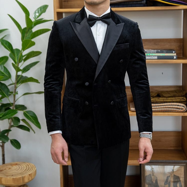aesido Black Men's High Quality Velvet Double Breasted Blazer