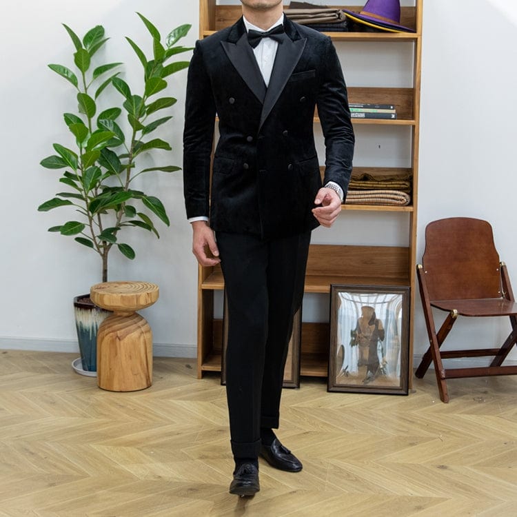 aesido Black Men's High Quality Velvet Double Breasted Blazer