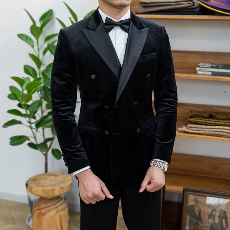 aesido Black Men's High Quality Velvet Double Breasted Blazer